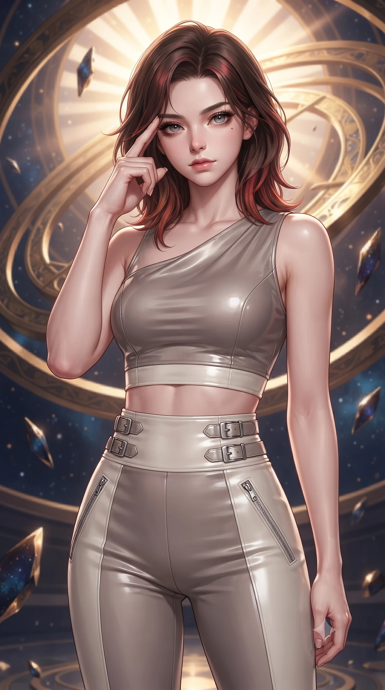 score_9, masterpiece, best quality, ultra-detailed, high-budget anime keyframe, editorial fashion photography, tasteful artistic composition, Korean woman. close-up cowboy shot from the waist and thighs up, the character dominates the composition, filling the frame with her large presence, background elements kept in soft focus. Pressing two fingers to her temple in a composed thoughtful gesture with an air of magnetic charisma inside a floating cosmic observatory with golden astrolabe rings, floating meteor shards reflecting deep navy and gold hues. She has an exceptionally elegant, slender, and willowy female figure with an ultra-slim waist, a gracefully sculpted slender torso, and a refined silhouette. sharp v-shaped jawline, high-bridge nose, intricate jewel-like eyes with depth, thick eyelashes, glossy lips with a natural sheen. wearing a glossy vinyl crop top and high-waist tailored leggings with sleek zippers in muted taupe and soft ivory, crafted from lustrous satin jersey with fluid draping, detailed with polished silver buckles along the waistline, the sleek second-skin texture accentuating her magnetic presence. bathed in warm sunbursts filtering through floating orbital rings. ultra-reflective glossy finish, specular highlights, metallic sheen, high-contrast stereoscopic depth, volumetric dynamic lighting, 2k, ultra detail, master piece, 9:16 ratio