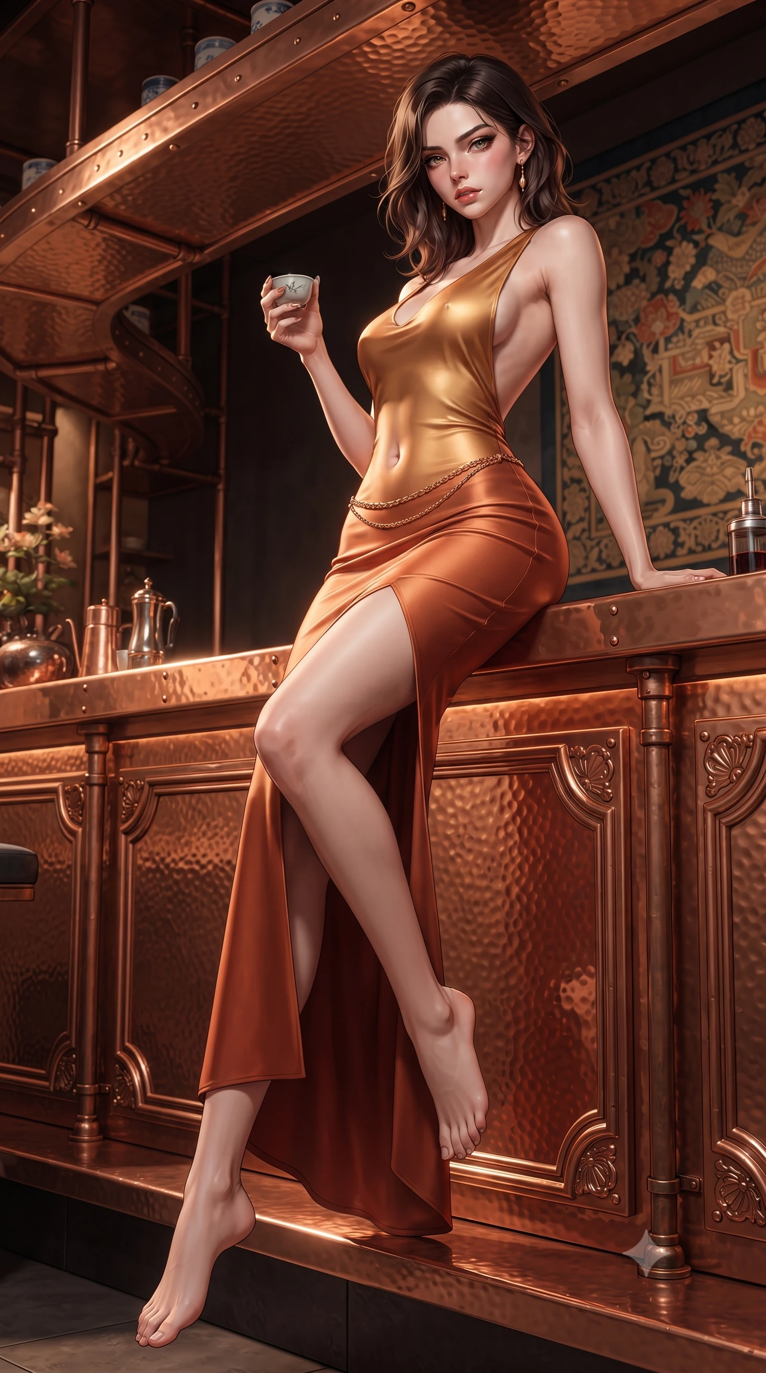 score_9, masterpiece, best quality, ultra-detailed, high-budget anime keyframe, editorial fashion photography, tasteful artistic composition, Korean woman. low angle full-body shot from head to toe showing her feet, filling the entire 9:16 vertical frame with her statuesque presence, stretching her vertical silhouette. sitting perched on the elevated edge with hips angled toward the camera and legs crossed, displaying her toned midriff and flawlessly sculpted slender limbs while leaning back against a carved copper tea bar with hips cocked, casting a sultry, dangerous bedroom-gaze while holding a lacquered sake cup. The surrounding environment is rendered in vivid detail and crisp panoramic clarity. detailed silk kimono brocade weave, soft skin specular highlights, and industrial pipe rivets in high clarity. She has an exceptionally tall and slender model-like 8.5-heads proportion, an ultra-slim waist, a flat toned midriff, narrow delicate ribcage, and beautifully sculpted feminine hips creating a graceful, slim hourglass silhouette without any bulky heaviness, with impossibly long slender legs. sharp v-shaped jawline, high-bridge nose, intricate jewel-like eyes with depth, thick eyelashes, glossy parted lips with a natural sheen, intensely captivating and seductive bedroom-eyes expression, flawlessly proportioned anatomical accuracy, strict slender model proportions, natural body alignment, perfectly sculpted long slender limbs, ultra-slim waistline, clean dynamic posture without body distortion. wearing a liquid-silk jersey evening gown with an ultra-deep plunging open back descending to the base of her spine and a sculpted hip-hugging skirt in molten desert gold and burnt terracotta, tailored from ultra-smooth duchess satin with a pearlescent sheen, accented with a delicate gold chain belt resting loosely on her curvy hips, the liquid-tight tailored fabric clinging flawlessly to her narrow waist and rounded feminine hips, emphasizing every millimeter of her sculpted slim hourglass curves without any bulky heaviness. illuminated by crisp directional edge lights defining her sculpted collarbones, ultra-slim waist, and curvy hips. ultra-reflective glossy finish, specular highlights, rich textural contrasts, high-contrast stereoscopic depth, volumetric dynamic lighting, 2k, ultra detail, master piece, 9:16 ratio