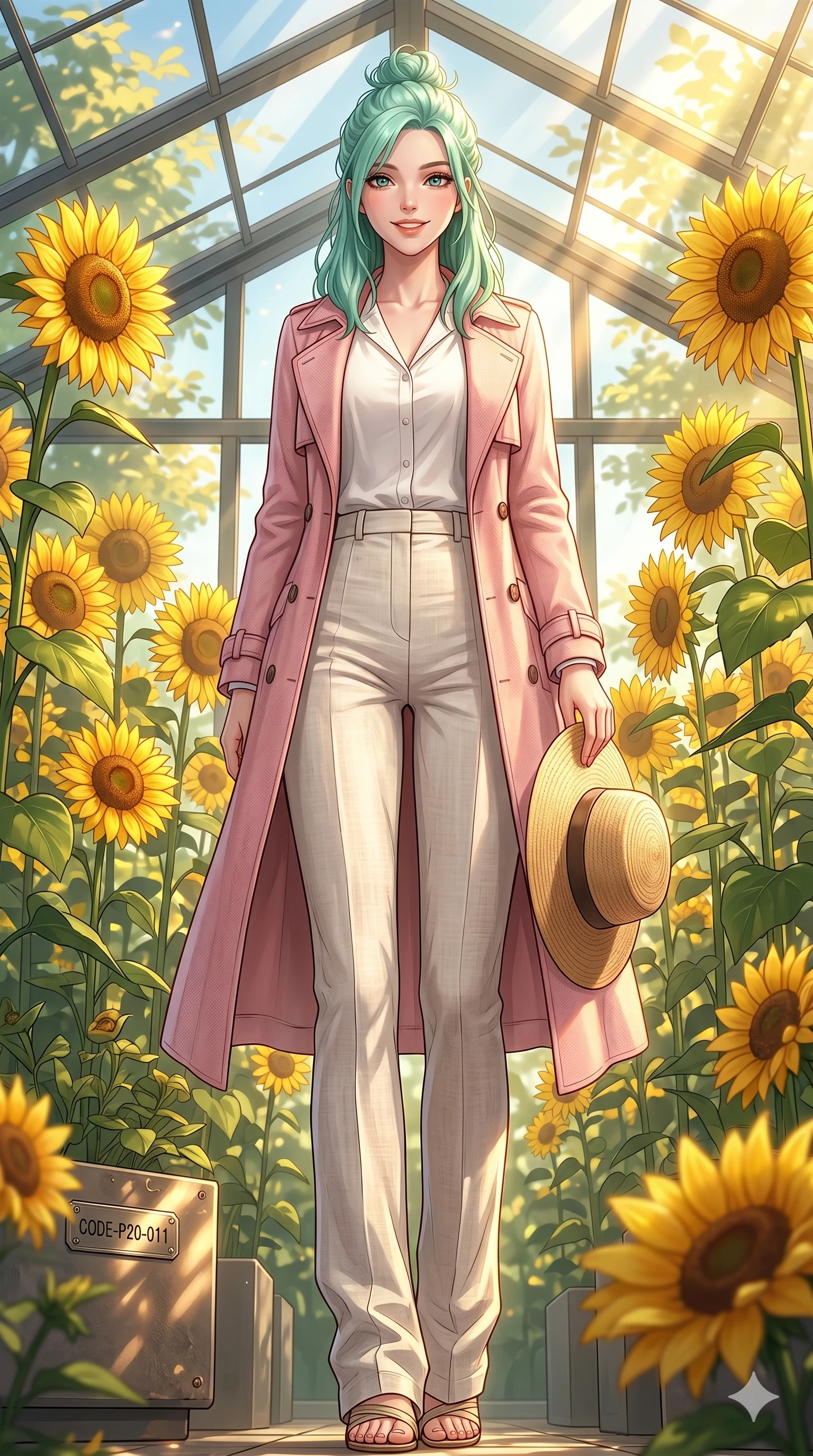 score_9, masterpiece, best quality, ultra-detailed, high-budget anime keyframe, vibrant anime aesthetic, Japanese woman. low angle full-body shot from head to toe showing her feet, filling the entire 9:16 vertical frame with her statuesque presence, stretching her vertical silhouette. She is holding a straw hat and smiling warmly under the bright sunbeams inside a modern greenhouse pavilion filled with bright yellow sunflowers (Code-P20-011). She has an absolutely perfect 8-heads proportion, an exceptionally tall and slender female figure with impossibly long slender legs and an ultra-slim waist. V-shaped jawline, high-bridge nose, intricate jewel-like eyes with depth, thick eyelashes, glossy lips with a natural sheen. wearing a pastel pink trench coat over a white blouse and linen trousers. She is illuminated by warm, golden sun rays highlighting the textures of her designer jacket. 2k, ultra detail, master piece, 9:16 ratio