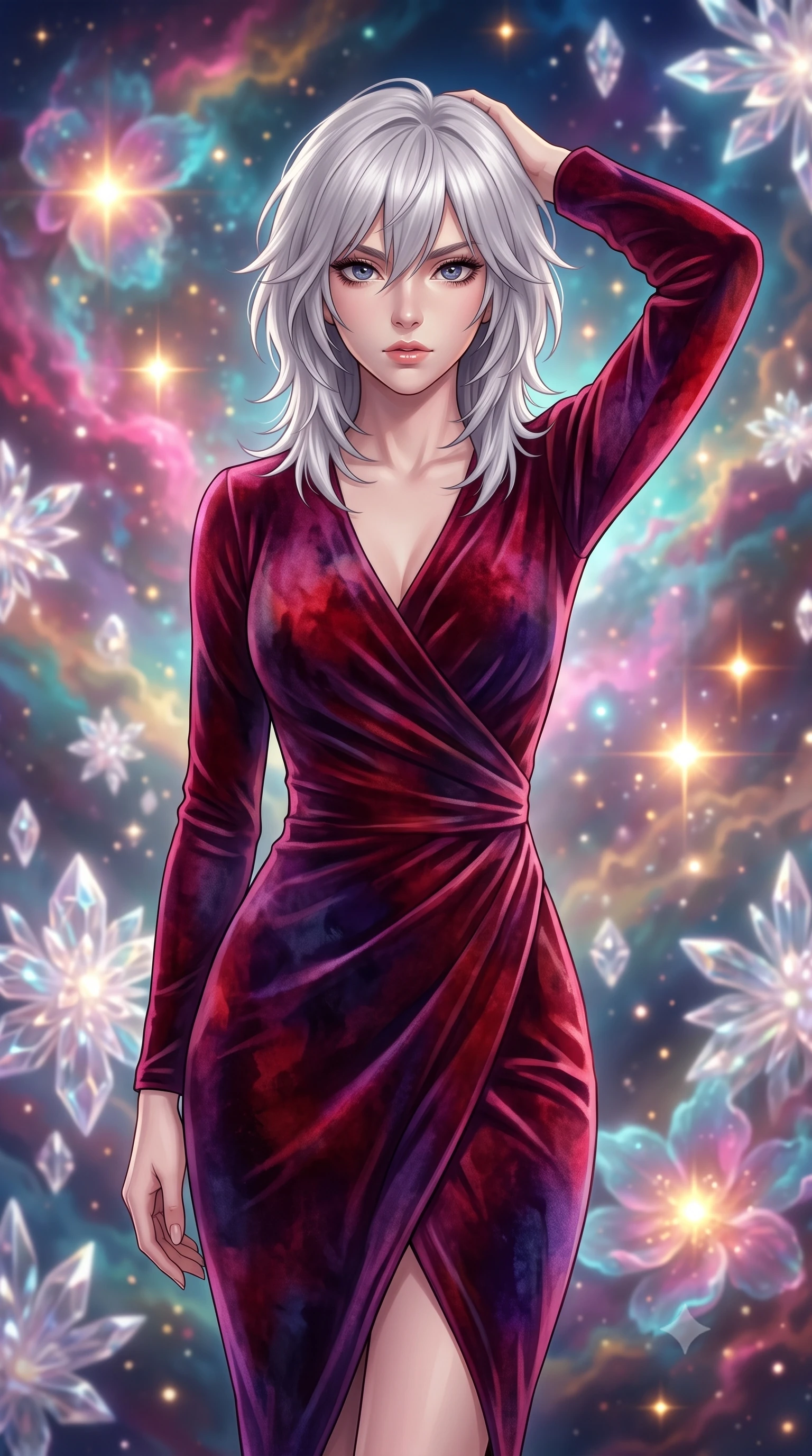 score_9, masterpiece, best quality, ultra-detailed, high-budget anime keyframe, editorial fashion photography, tasteful artistic composition, Japanese woman. close-up cowboy shot from the waist and thighs up, the character dominates the composition, filling the frame with her large presence, background elements kept in soft focus. Placing one hand behind her head with confident body language and a direct stare. set against a soft-focus background of a celestial garden where infant stars bloom like luminous flowers inside swirling colorful nebula clouds of magenta cyan and gold each proto-star casting its own warm glow onto petals of cosmic gas. She has an exceptionally elegant and slender, willowy female figure with an ultra-slim waist, a gracefully sculpted slender torso, and a refined slim physique. sharp v-shaped jawline, high-bridge nose, intricate jewel-like eyes with depth, thick eyelashes, glossy lips with a natural sheen. wearing a wrap-front fitted midi dress in deep crimson and violet watercolor velvet, drawing focus to her slender waist. ethereal pearlescent light emanating from floating crystalline formations all around. 2k, ultra detail, master piece, 9:16 ratio