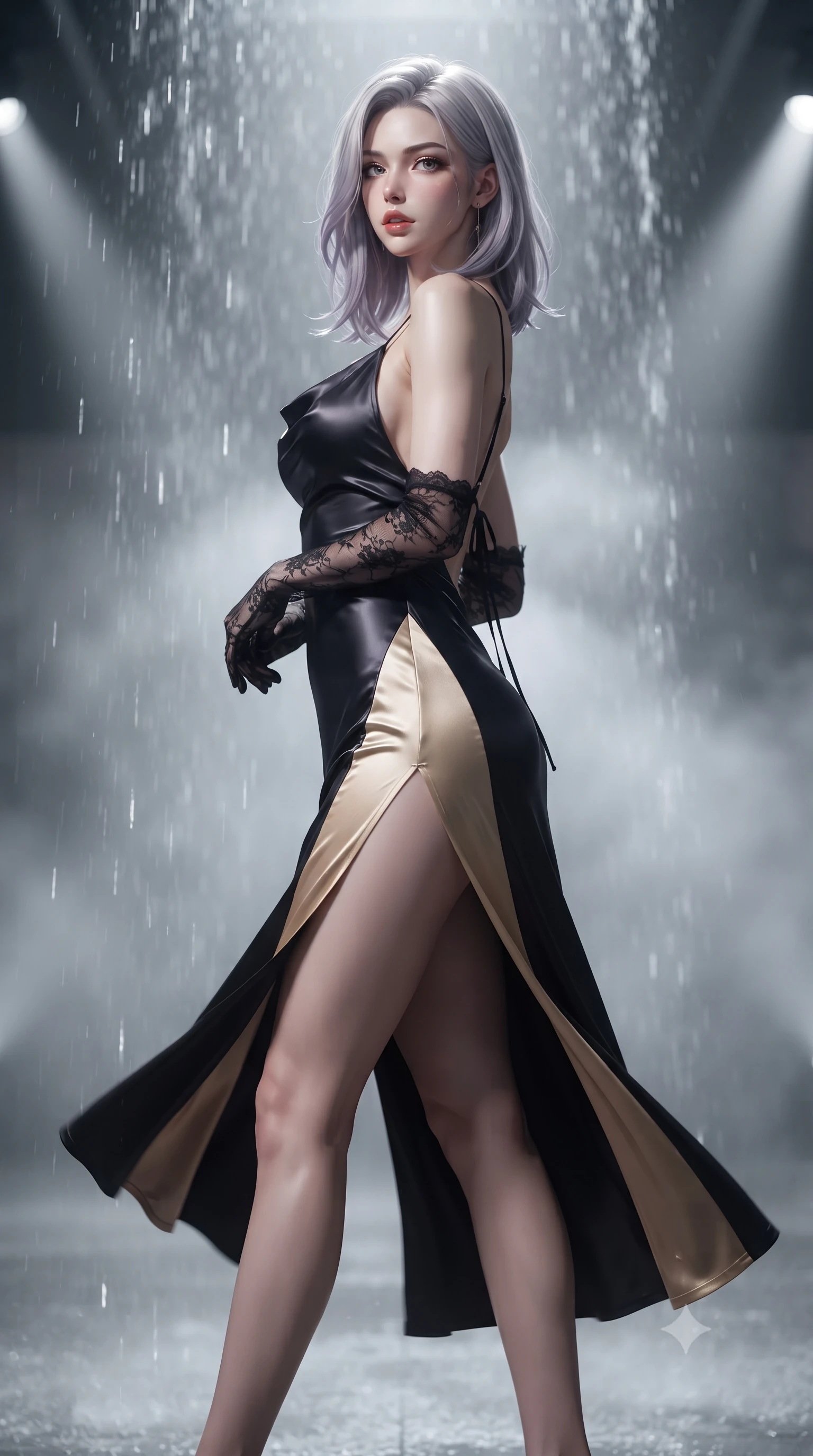score_9, masterpiece, best quality, ultra-detailed, high-budget anime keyframe, editorial fashion photography, tasteful artistic composition, Caucasian woman. low angle full-body shot from head to toe showing her feet, filling the entire 9:16 vertical frame with her statuesque presence, stretching her vertical silhouette. executing a slow, graceful pivot turn as her skirt sways around her slender legs, glancing back with an enchanting, teasing sensual expression while twisting her slender torso in an alluring contrapposto stance, dramatic architectural downlights carving sharp highlights across her curves. The background shows a soft-focus water spray mist softened in avant-garde brutalist shallow focus. She has an absolutely perfect, statuesque 8.5-heads proportion, an exceptionally tall and slender model-like female figure with impossibly long slender legs, an ultra-slim waist, a flat toned midriff, narrow delicate ribcage, and beautifully sculpted feminine hips creating a graceful, slim hourglass silhouette without any bulky heaviness. sharp v-shaped jawline, high-bridge nose, sparkling eyes with hypnotic seductive depth, thick curled eyelashes, glossy parted lips with a natural dewy peach sheen, alluring bedroom-eyes with an enchanting coquettish smile, exuding magnetic siren charisma and sophisticated glamour, flawlessly proportioned anatomical accuracy, strict slender model proportions, natural body alignment, perfectly sculpted long slender limbs, ultra-slim waistline, clean dynamic posture without body distortion. wearing a plunging cowl-neck liquid silk satin slip gown with daring hip-high double slits and delicate back ties in midnight obsidian black and liquid champagne gold, crafted from fluid liquid silk satin that clings smoothly to every curve with a dewy sheen, complemented by sheer opera-length lace evening gloves tracing her slender arms, the precision-cut side openings and low-back scoop framing her graceful spine and the sensual sweep of her slim, toned hips. bathed in dramatic narrow-beam 4000K architectural spotlights cutting through falling water sheets. ultra-reflective glossy finish, specular highlights, rich textural contrasts, high-contrast stereoscopic depth, volumetric dynamic lighting, 2k, ultra detail, master piece, 9:16 ratio