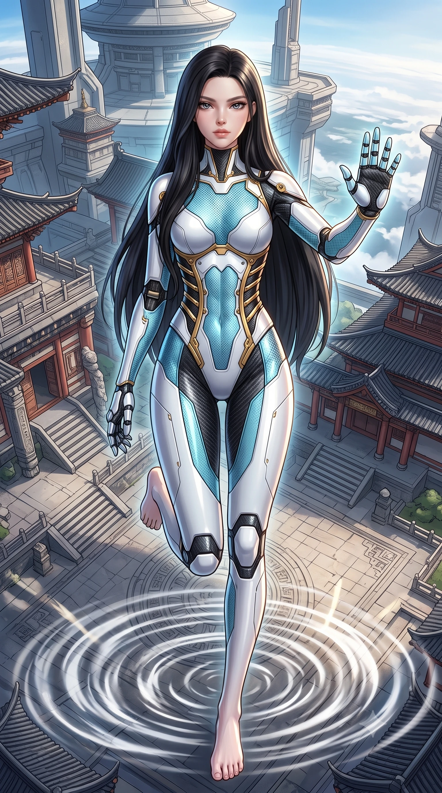 score_9, masterpiece, best quality, ultra-detailed, high-budget anime keyframe, semi-realistic 3D game render, editorial fashion photography, tasteful artistic composition, Korean woman. low angle full-body shot from head to toe showing her feet, filling the entire 9:16 vertical frame with her statuesque presence, stretching her vertical silhouette. landing gracefully from a high-altitude leap on one knee and palm, her statuesque silhouette framed by radial shockwave ripples in the ground while hovering weightlessly with one palm extended in a calm Panzer Kunst guard stance, gazing into the lens with divine focus. The surrounding environment is rendered in vivid detail and crisp panoramic clarity. dramatic orbital chiaroscuro and transcendent high-altitude martial arts architecture in panoramic precision. She has an absolutely perfect, statuesque 8.5-heads proportion, an exceptionally tall and slender model-like female figure with impossibly long slender legs, a toned flat midriff, and an ultra-slim waist. sharp v-shaped jawline, high-bridge nose, intricate jewel-like eyes with depth, thick eyelashes, glossy lips with a natural sheen, flawlessly proportioned anatomical accuracy, strict slender model proportions, natural body alignment, perfectly sculpted long slender limbs, ultra-slim waistline, clean dynamic posture without body distortion. wearing a precision-tailored high-fashion carbon-fiber corset bodysuit with gold mechanical rib boning and kinetic shock-dampening palms in glacial ice-cyan carbon mesh with pure white armor plates, made of liquid carbon-jersey fabric adhering flawlessly to her sculpted silhouette, detailed with magnetic knuckle shock-absorbers and polished chrome articulation joints, the sleek second-skin cut tightly hugging her graceful clavicle, narrow waist, and feminine curves with athletic precision. surrounded by an awe-inspiring, serene, and radiantly supreme celestial martial goddess aura. rich saturated anime colors with glowing neon highlights, detailed shading with soft gradients, rich glossy textures, high-contrast stereoscopic depth, volumetric dynamic lighting, master piece, 9:16 ratio