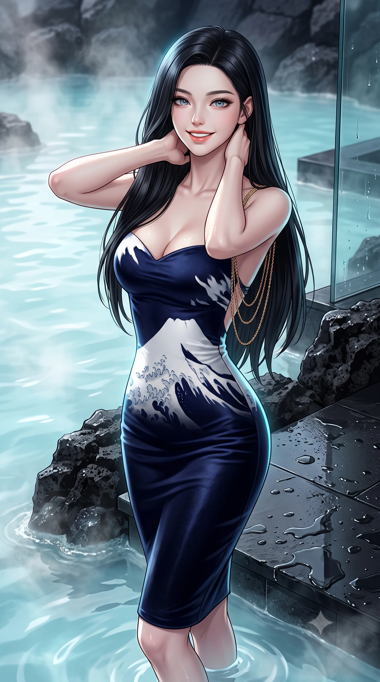 score_9, masterpiece, best quality, ultra-detailed, high-budget anime keyframe, editorial fashion photography, tasteful artistic composition, Korean woman. close-up cowboy shot from the waist and thighs up, the character dominates the composition, filling the frame with her large presence. resting both hands lightly behind her neck with elbows raised, arching her spine to highlight her narrow waist, flat midriff, and breathtaking collarbones while standing poised on the heated black basalt terrace stepping directly into the steaming milky-cyan mineral waters, arching her spine with wet-look siren grace. The surrounding environment is rendered in vivid detail and crisp panoramic clarity: sharp porous volcanic black basalt rock textures, silica water edge mineral rings, and frameless structural glass bevels in deep focus. She has an exceptionally elegant, slender, and willowy female figure with an ultra-slim waist, flat toned midriff, narrow ribcage, and sculpted feminine hips creating an alluring, slim hourglass silhouette without bulk. sharp v-shaped jawline, high-bridge nose, intricate jewel-like sparkling eyes with depth, thick eyelashes, glossy parted lips with a natural peach sheen, bright cheerful beaming smile with an enchanting and coquettish sensual glint, exuding both youthful cute charm and seductive allure, flawlessly proportioned anatomical accuracy, strict slender model proportions, natural body alignment, perfectly sculpted long slender limbs, ultra-slim waistline, clean dynamic posture without body distortion. wearing a body-contouring dense bandage knit pencil dress with sweetheart neckline in Mount Fuji snow-peak white and midnight indigo silk, tailored from ultra-plush silk velvet with rich tactile depth and deep shadow gradients, accented with an open-back drape framed by falling strands of delicate gold chains, the impeccably tailored cut draping gracefully along her slender figure with aristocratic poise. illuminated by milky water surface specular bounce and sharp platinum-cyan rim lights sculpting her jawline, narrow waist, and curvy hips. ultra-reflective glossy finish, specular highlights, rich textural contrasts, high-contrast stereoscopic depth, volumetric dynamic lighting, 2k, ultra detail, master piece, 9:16 ratio