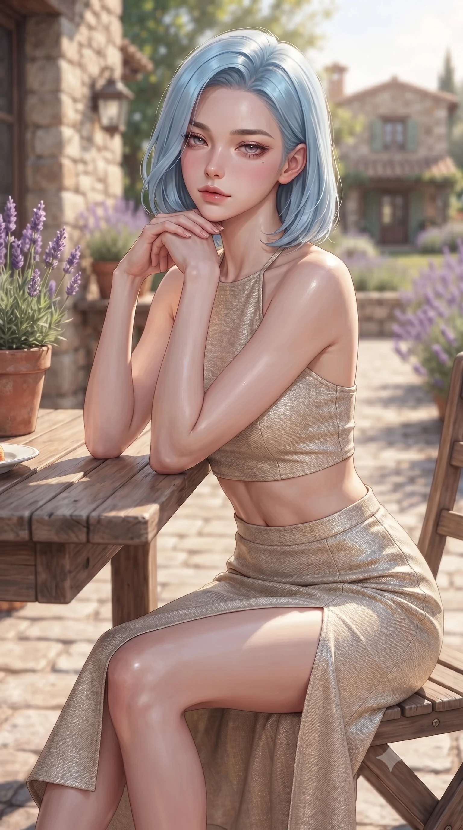 score_9, masterpiece, best quality, ultra-detailed, high-budget anime keyframe, editorial fashion photography, tasteful artistic composition, Korean woman woman. close-up cowboy shot from the waist and thighs up, the character dominates the composition, filling the frame with her large presence, background elements kept in soft focus. resting her chin on the backs of her fingers, casting a heavy-lidded, sultry look past the camera the background shows a soft-focus a lavender-lined stone patio of a private country house, with a rustic wooden table. She has an exceptionally elegant, slender, and willowy female figure with an ultra-slim waist, a gracefully sculpted slender torso, and a refined silhouette. sharp v-shaped jawline, high-bridge nose, intricate jewel-like eyes with depth, thick eyelashes, glossy lips with a natural sheen. wearing a tailored linen halter-neck crop top paired with a matching high-slit midi skirt, revealing a sculpted midriff. soft golden afternoon sunbeams, casting a peaceful country glow. ultra-reflective glossy finish, specular highlights, metallic sheen, high-contrast stereoscopic depth, volumetric dynamic lighting, 2k, ultra detail, master piece, 9:16 ratio