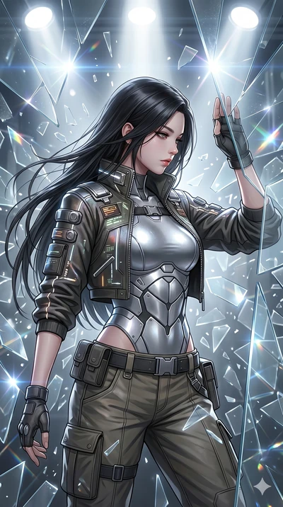 score_9, masterpiece, best quality, ultra-detailed, high-budget anime keyframe, Korean woman. Upper body close-up from the thighs up, character filling the screen for maximum presence. Standing in a room of shattered glass panels frozen in mid-air, s