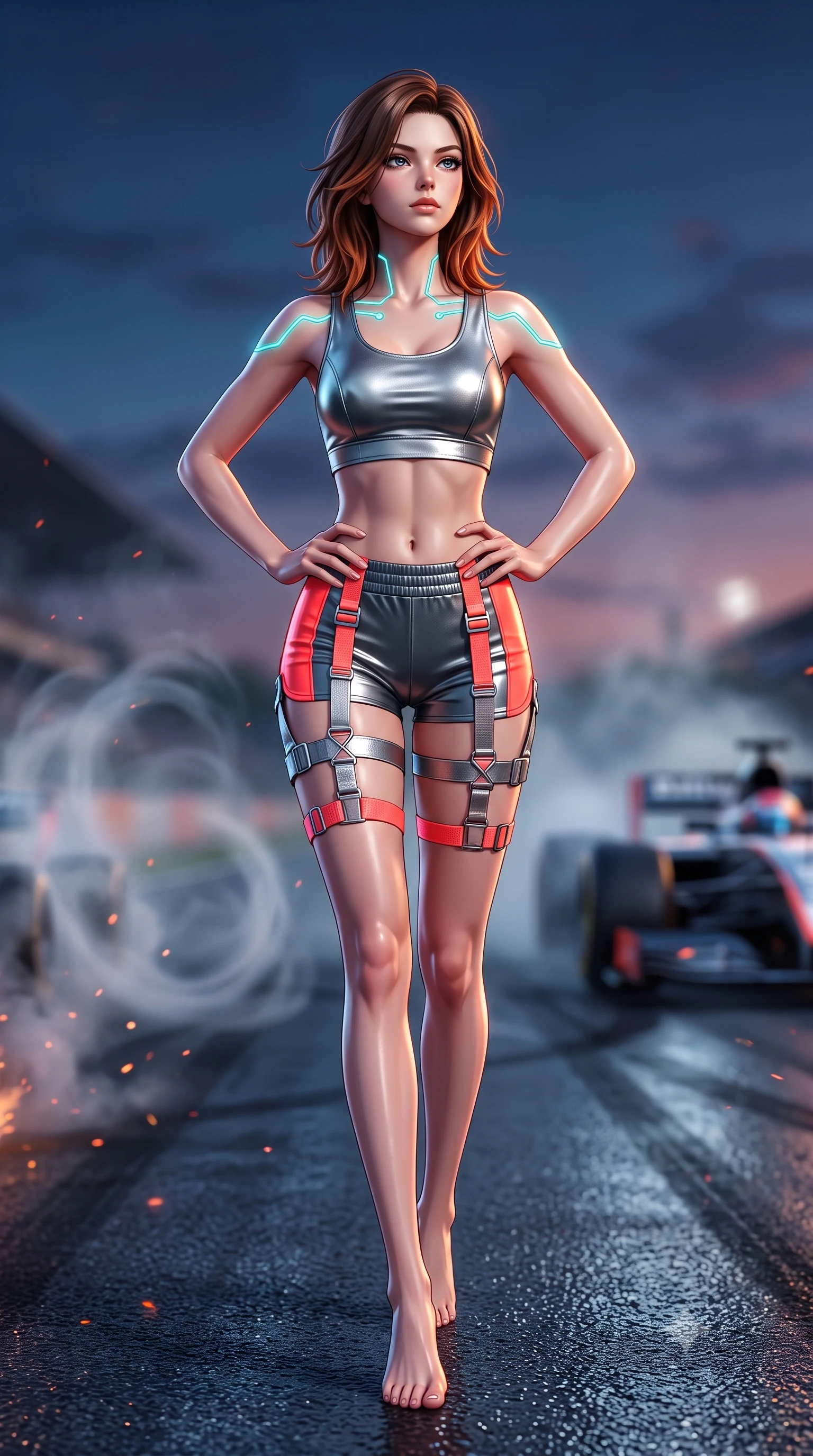 score_9, masterpiece, best quality, ultra-detailed, high-budget anime keyframe, semi-realistic 3D game render, editorial fashion photography, tasteful artistic composition, Korean woman. low angle full-body shot from head to toe showing her feet, filling the entire 9:16 vertical frame with her statuesque presence, stretching her vertical silhouette. striding forward in a proud, dynamic supermodel runway stride, hips swaying in an alluring kinetic rhythm that stretches her silhouette while twisting her athletic torso in an alluring S-curve while resting both hands on her hips, looking past the camera with fearless allure. The composition keeps background elements in soft focus with creamy bokeh. swirling smoke rings and burning rubber particulate catching laser beam motes across the circuit. She has an absolutely perfect, statuesque 8.5-heads proportion, an exceptionally tall and slender model-like female figure with impossibly long slender legs, a toned flat midriff, and an ultra-slim waist. sharp v-shaped jawline, high-bridge nose, intricate jewel-like eyes with depth, thick eyelashes, glossy parted lips with a natural sheen, intensely captivating and seductive expression, flawlessly proportioned anatomical accuracy, strict slender model proportions, natural body alignment, perfectly sculpted long slender limbs, ultra-slim waistline, clean dynamic posture without body distortion. wearing a metallic leather crop tank with high-waist track shorts and tactical leg harness straps in metallic gunmetal and blazing neon coral, crafted from flexible reflective spandex and heavy tactical webbing, finished with glowing cyan circuit lines tracing her collarbones and shoulders, the glove-like aerodynamic second-skin fit tightly clinging to her ultra-slender waist and athletic curves without adding bulk, accentuating her razor-sharp statuesque lines and slim hourglass silhouette. surrounded by an adrenaline-fueled, audacious, and wildly charismatic drift idol aura. highly saturated vibrant anime colors, detailed shading with soft gradients, rich glossy textures, high-contrast stereoscopic depth, volumetric dynamic lighting, master piece, 9:16 ratio