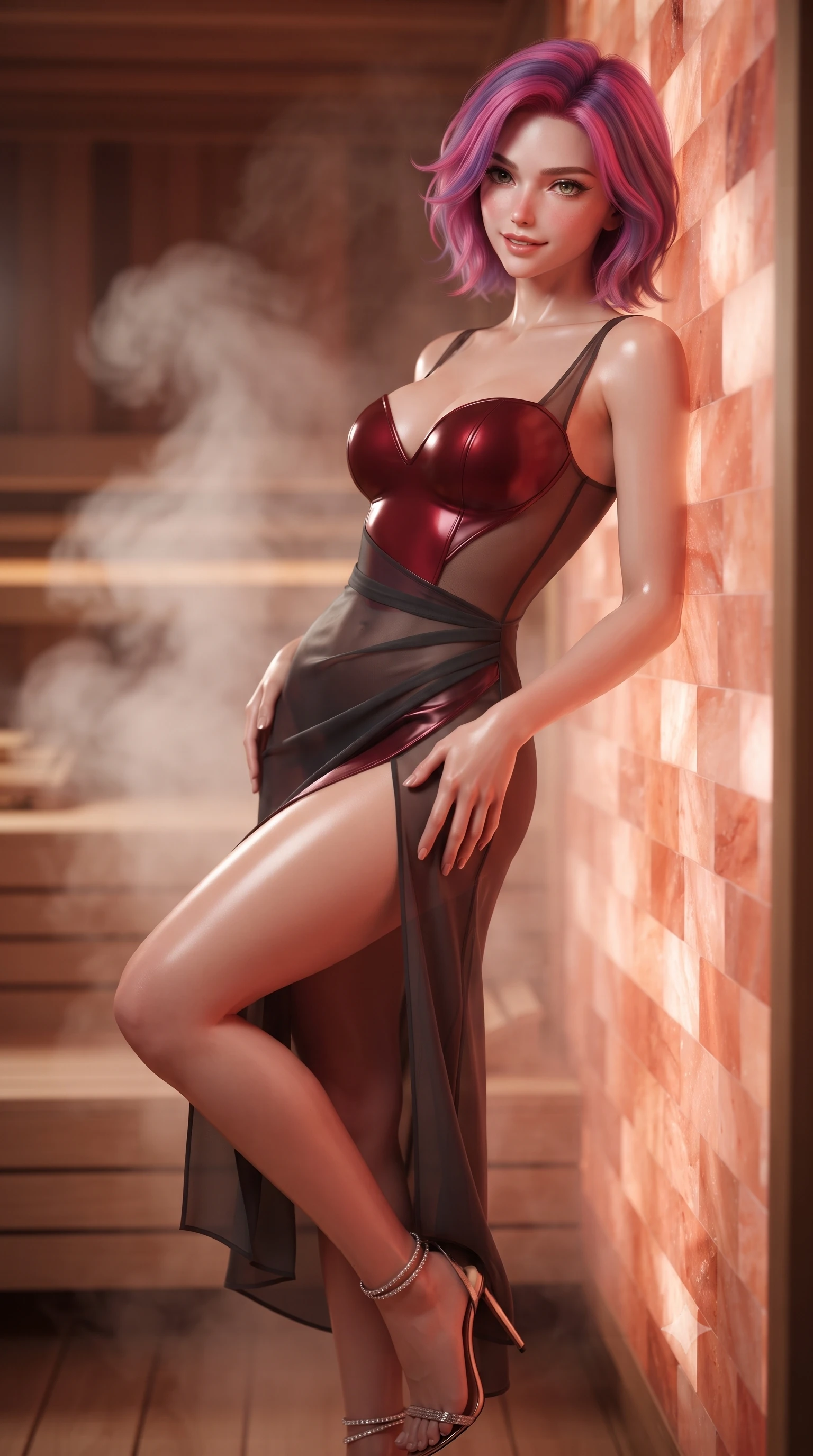 score_9, masterpiece, best quality, ultra-detailed, high-budget anime keyframe, editorial fashion photography, tasteful artistic composition, Caucasian woman. close-up cowboy shot from the waist and thighs up, the character dominates the composition, filling the frame with her large presence. tilting her head with a teasing half-smile, running one hand slowly down the side of her hip in a flirtatious S-curve as ambient light caresses her silhouette while leaning back against the illuminated pink Himalayan salt brick wall with hips cocked back, arching her spine with relaxed seductive grace. The background shows a soft-focus sauna steam plumes softened in ultra-luxury maritime wellness shallow focus. She has an exceptionally elegant, slender, and willowy female figure with an ultra-slim waist, flat toned midriff, narrow ribcage, and sculpted feminine hips creating an alluring, slim hourglass silhouette without bulk. sharp v-shaped jawline, high-bridge nose, sparkling eyes with hypnotic seductive depth, thick curled eyelashes, glossy parted lips with a natural dewy peach sheen, alluring bedroom-eyes with an enchanting coquettish smile, exuding magnetic siren charisma and sophisticated glamour, flawlessly proportioned anatomical accuracy, strict slender model proportions, natural body alignment, perfectly sculpted long slender limbs, ultra-slim waistline, clean dynamic posture without body distortion. wearing a deep sweetheart-neckline velvet bodycon dress with sheer side-torso cutouts accentuating her hourglass curves in rich cherry lacquer and smoky charcoal, made of sheer gossamer chiffon that drapes softly against skin with airy translucence, complemented by strappy stiletto sandals with crystal ankle wraps accentuating her slender calves, the high-slit wrap tailoring accentuating her ultra-slim waistline and the enchanting curve of her feminine hips with alluring seductive charm. illuminated by cedar wood bounce and sharp rose-gold rim lights defining her delicate clavicles, ultra-slim waist, and curvy hips. ultra-reflective glossy finish, specular highlights, rich textural contrasts, high-contrast stereoscopic depth, volumetric dynamic lighting, 2k, ultra detail, master piece, 9:16 ratio