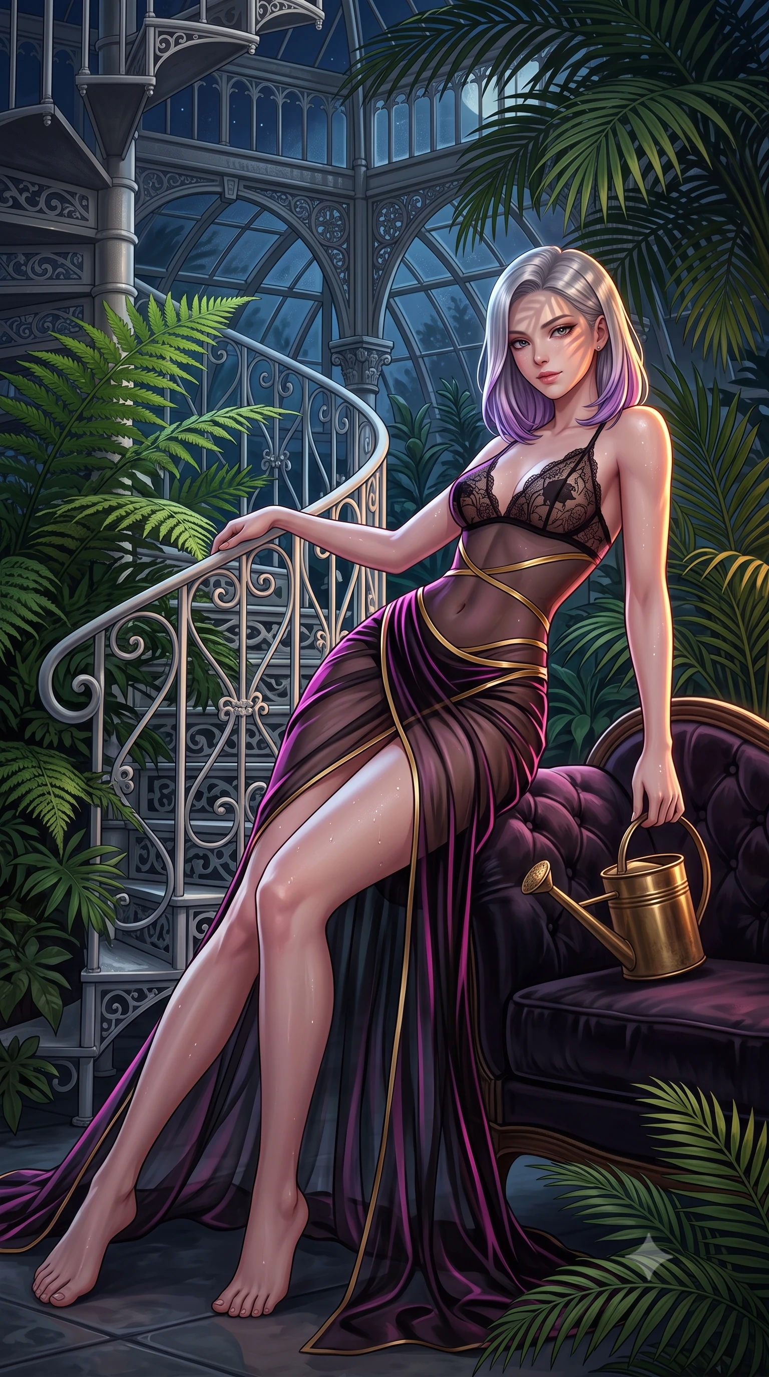 score_9, masterpiece, best quality, ultra-detailed, high-budget anime keyframe, semi-realistic 3D game render, editorial fashion photography, tasteful artistic composition, Caucasian woman. low angle full-body shot from head to toe showing her feet, filling the entire 9:16 vertical frame with her statuesque presence, stretching her vertical silhouette. reclining gracefully across the plush chaise lounge with one leg extended, her sculpted silhouette and flat midriff radiating magnetic nocturnal glamour while leaning against the white wrought-iron spiral balustrade with hips cocked back, looking through giant fern fronds with smoldering eyes. The surrounding environment is rendered in vivid detail and crisp panoramic clarity: detailed sheer floral lace bralette weave, dewy moisture droplets on skin, and Victorian glasshouse architecture in razor-sharp precision. She has an absolutely perfect, statuesque 8.5-heads proportion, an exceptionally tall and slender model-like female figure with impossibly long slender legs, an ultra-slim waist, a flat toned midriff, narrow delicate ribcage, and beautifully sculpted feminine hips creating a graceful, slim hourglass silhouette without any bulky heaviness. sharp v-shaped jawline, high-bridge nose, sparkling eyes with hypnotic seductive depth, thick curled eyelashes, glossy parted lips with a natural dewy peach sheen, alluring bedroom-eyes with an enchanting coquettish smile, exuding magnetic siren charisma and sophisticated glamour, flawlessly proportioned anatomical accuracy, strict slender model proportions, natural body alignment, perfectly sculpted long slender limbs, ultra-slim waistline, clean dynamic posture without body distortion. wearing a provocative sheer illusion mesh gown with liquid gold ribbons contouring her flat midriff and curvaceous hips in wet-look onyx black with electric magenta reflections, made of sheer gossamer chiffon that drapes softly against skin with airy translucence, finished with an antique brass watering can held casually at her side, the high-slit wrap tailoring accentuating her ultra-slim waistline and the enchanting curve of her feminine hips with alluring seductive charm. illuminated by palm frond dappled shadows and sharp warm-gold rim lights sculpting her razor-sharp jawline, narrow waist, and curvy hips. highly saturated vibrant anime colors, detailed shading with soft gradients, rich glossy textures, high-contrast stereoscopic depth, volumetric dynamic lighting, master piece, 9:16 ratio