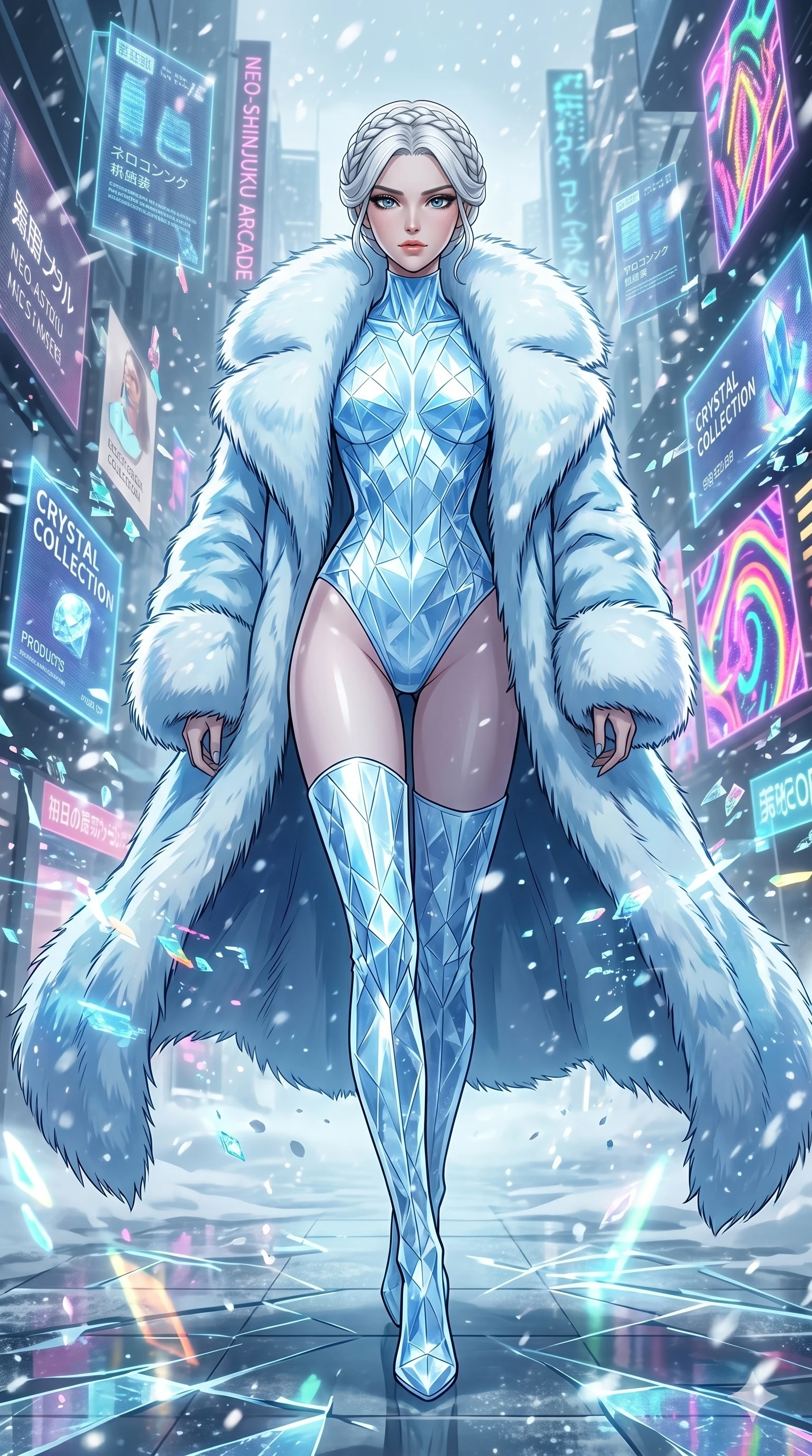 score_9, masterpiece, best quality, ultra-detailed, high-budget anime movie keyframe, cinematic anime lighting, intricate line art, Japanese woman. Low angle cowboy shot filling the entire 9:16 frame with her statuesque presence. walking through a blizzard in a holographic shopping mall surrounded by floating data-shards. She has an absolutely perfect 8-heads proportion, an exceptionally tall and slender female figure with an ultra-slim waist and impossibly long slender legs. sharp v-shaped jawline, high-bridge nose, intricate jewel-like eyes, thick eyelashes, glossy lips. Wearing seasonal winter-couture featuring a plush oversized faux-fur coat worn over a skin-tight crystalline leotard and thigh-high stiletto boots. The scene is illuminated by dramatic atmospheric lighting and vibrant color palettes. , 2k, ultra detail, master piece, 9:16 ratio