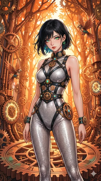 첨부의 캐릭터 얼굴만 유지해, score_9, masterpiece, best quality, ultra-detailed, Set C: High-budget Anime Keyframe, Korean woman. Upper body close-up from the thighs up, character filling the screen for maximum presence. Standing on a giant gear in a clockwork f