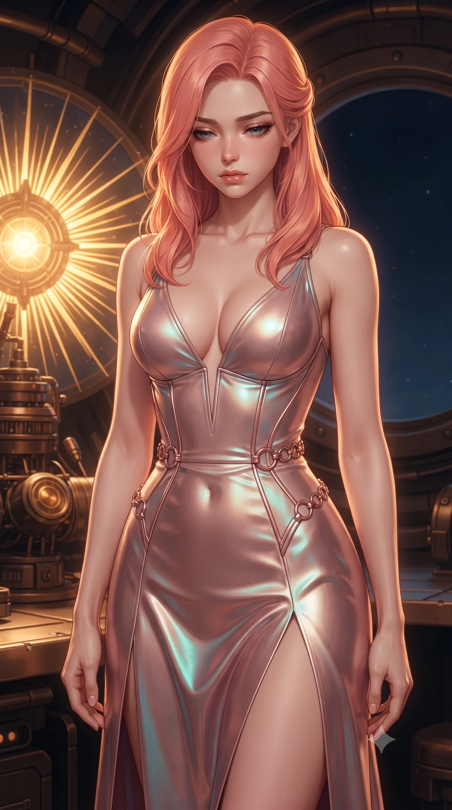 score_9, masterpiece, best quality, ultra-detailed, high-budget anime keyframe, editorial fashion photography, tasteful artistic composition, Japanese woman. close-up cowboy shot from the waist and thighs up, the character dominates the composition, filling the frame with her large presence, background elements kept in soft focus. Looking down with lowered lashes and a composed, powerful aura, resting near a sun-ray collector emitting warm golden ether light, dark navy sky outside contrasting with bright golden interior sunbursts. She has an exceptionally elegant, slender, and willowy female figure with an ultra-slim waist, a gracefully sculpted slender torso, and a refined silhouette. sharp v-shaped jawline, high-bridge nose, intricate jewel-like eyes with depth, thick eyelashes, glossy lips with a natural sheen. wearing low-cut structured bodice gown in liquid pearl with high leg slit in rose-gold pink, made of iridescent turquoise taffeta, trimmed with rose-gold ring hardware along the waist contours, following her slender form with tailored precision. bathed in warm amber solar light and high-contrast navy shadows. ultra-reflective glossy finish, specular highlights, metallic sheen, high-contrast stereoscopic depth, volumetric dynamic lighting, 2k, ultra detail, master piece, 9:16 ratio