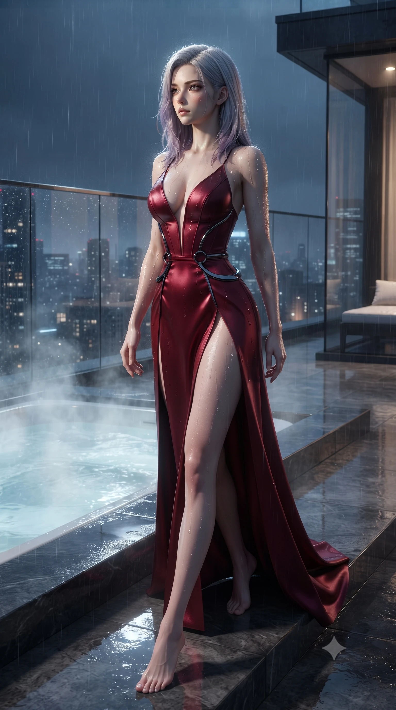 score_9, masterpiece, best quality, ultra-detailed, high-budget anime keyframe, editorial fashion photography, tasteful artistic composition, Caucasian woman. low angle full-body shot from head to toe showing her feet, filling the entire 9:16 vertical frame with her statuesque presence, stretching her vertical silhouette. stepping gracefully through the luxurious environment, stretching her statuesque silhouette, poised at the edge of a lighted glass hot tub looking over a 2 AM metropolis, rain glistening on her dark outfit and bare shoulders under key light. She has an absolutely perfect, statuesque 8.5-heads proportion, an exceptionally tall and slender model-like female figure with impossibly long slender legs and an ultra-slim waist. sharp v-shaped jawline, high-bridge nose, intricate jewel-like eyes with depth, thick eyelashes, glossy lips with a natural sheen. wearing low-cut gothic structured bodice gown with high leg slit in pearl white, made of soft crimson satin, accented with sculpted obsidian chrome rings at the waist, contouring every curve with an exceptionally elegant silhouette. lit by low-key spotlighting contrasting with steam and rain mist. ultra-reflective glossy finish, specular highlights, metallic sheen, high-contrast stereoscopic depth, volumetric dynamic lighting, 2k, ultra detail, master piece, 9:16 ratio