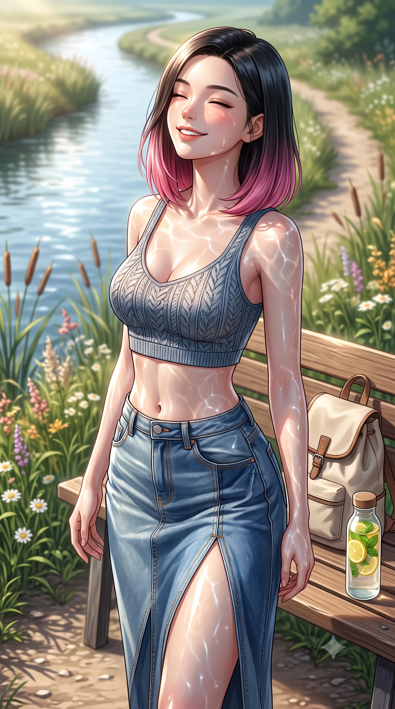 score_9, masterpiece, best quality, ultra-detailed, high-budget anime keyframe, editorial fashion photography, tasteful artistic composition, Korean woman. close-up cowboy shot from the waist and thighs up, the character dominates the composition, filling the frame with her large presence, background elements kept in soft focus. smiling happily with closed eyes, enjoying the warm sunbeams on her face set against a soft-focus background of along a winding river path lined with reeds and wild river flowers with a cute canvas backpack and a bottle of fruit water on the bench. She has an exceptionally elegant, slender, and willowy female figure with an ultra-slim waist, a gracefully sculpted slender torso, and a refined silhouette. sharp v-shaped jawline, high-bridge nose, intricate jewel-like eyes with depth, thick eyelashes, glossy lips with a natural sheen. wearing form-contouring stylish crop top paired with a high-slit denim midi skirt. bright daylight reflecting off the water, casting shifting ripples on her skin. ultra-reflective glossy finish, specular highlights, metallic sheen, high-contrast stereoscopic depth, volumetric dynamic lighting, 2k, ultra detail, master piece, 9:16 ratio