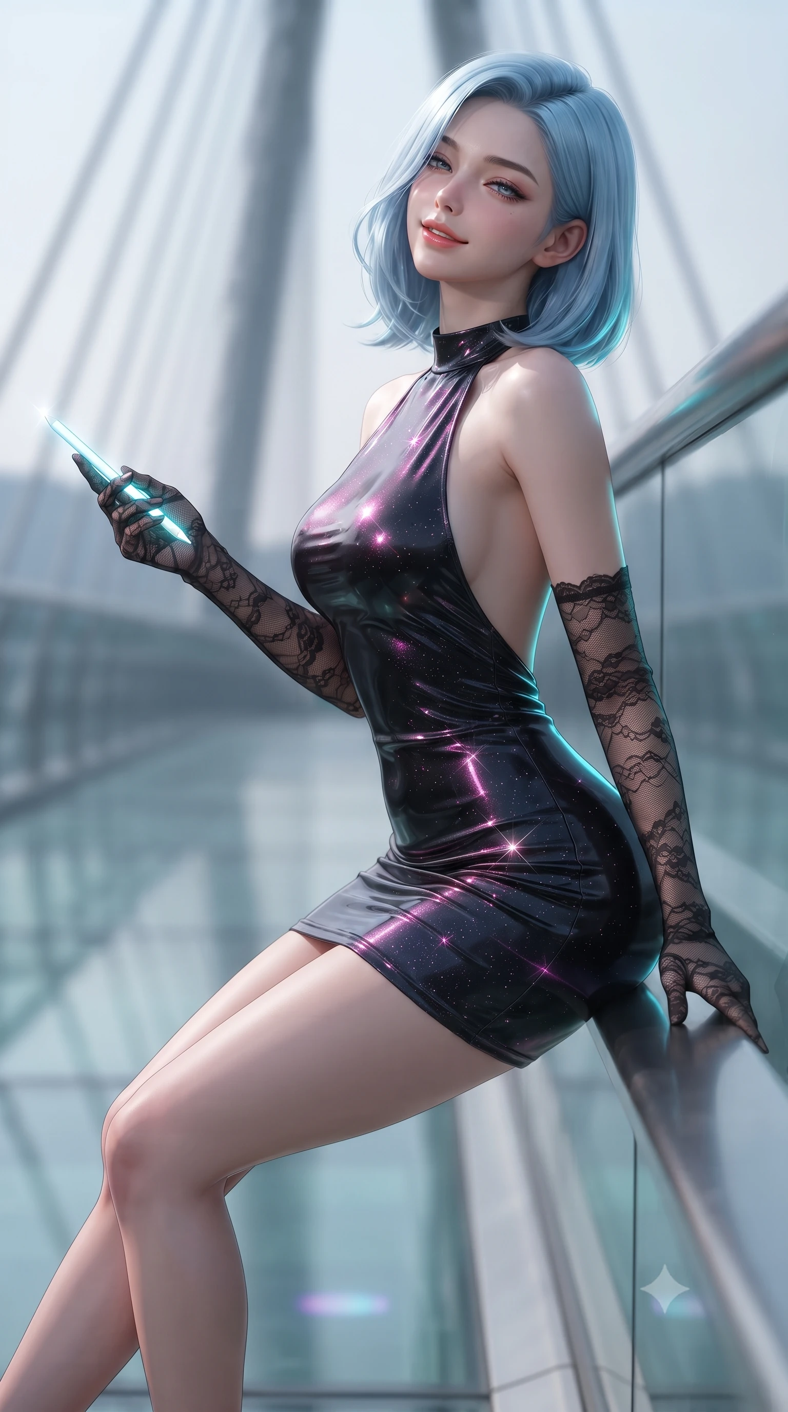score_9, masterpiece, best quality, ultra-detailed, high-budget anime keyframe, editorial fashion photography, tasteful artistic composition, Korean woman. close-up cowboy shot from the waist and thighs up, the character dominates the composition, filling the frame with her large presence. leaning back against the balustrade with relaxed seductive grace, head tilted back slightly while casting a hypnotic, heavy-lidded gaze while perched sideways on the glass bridge curb with legs extended gracefully, holding an illuminated data stylus with effortless cool. The background shows a soft-focus suspended bridge structural cables softened in futuristic eco-architecture shallow focus. She has an exceptionally elegant, slender, and willowy female figure with an ultra-slim waist, flat toned midriff, narrow ribcage, and sculpted feminine hips creating an alluring, slim hourglass silhouette without bulk. sharp v-shaped jawline, high-bridge nose, sparkling eyes with hypnotic seductive depth, thick curled eyelashes, glossy parted lips with a natural dewy peach sheen, alluring bedroom-eyes with an enchanting coquettish smile, exuding magnetic siren charisma and sophisticated glamour, flawlessly proportioned anatomical accuracy, strict slender model proportions, natural body alignment, perfectly sculpted long slender limbs, ultra-slim waistline, clean dynamic posture without body distortion. wearing a slinky backless halterneck column mini dress in shimmering liquid vinyl clinging like a second skin in wet-look onyx black with electric magenta reflections, woven from stretch metallic lurex jersey casting radiant starlight glints across her silhouette, complemented by sheer opera-length lace evening gloves tracing her slender arms, the glove-like clinging cut tightly following the natural contour of her hips and long slender legs with youthful 8.5-heads elegance. illuminated by glass floor reflection fill and sharp electric-cyan rim lights defining her delicate clavicles, ultra-slim waist, and curvy hips. ultra-reflective glossy finish, specular highlights, rich textural contrasts, high-contrast stereoscopic depth, volumetric dynamic lighting, 2k, ultra detail, master piece, 9:16 ratio