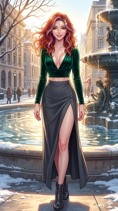 score_9, masterpiece, best quality, ultra-detailed, high-budget anime keyframe, vibrant anime aesthetic, Caucasian woman, strictly human ears. cowboy shot from the thighs up, character and outfit filling the frame for maximum presence. She is standin