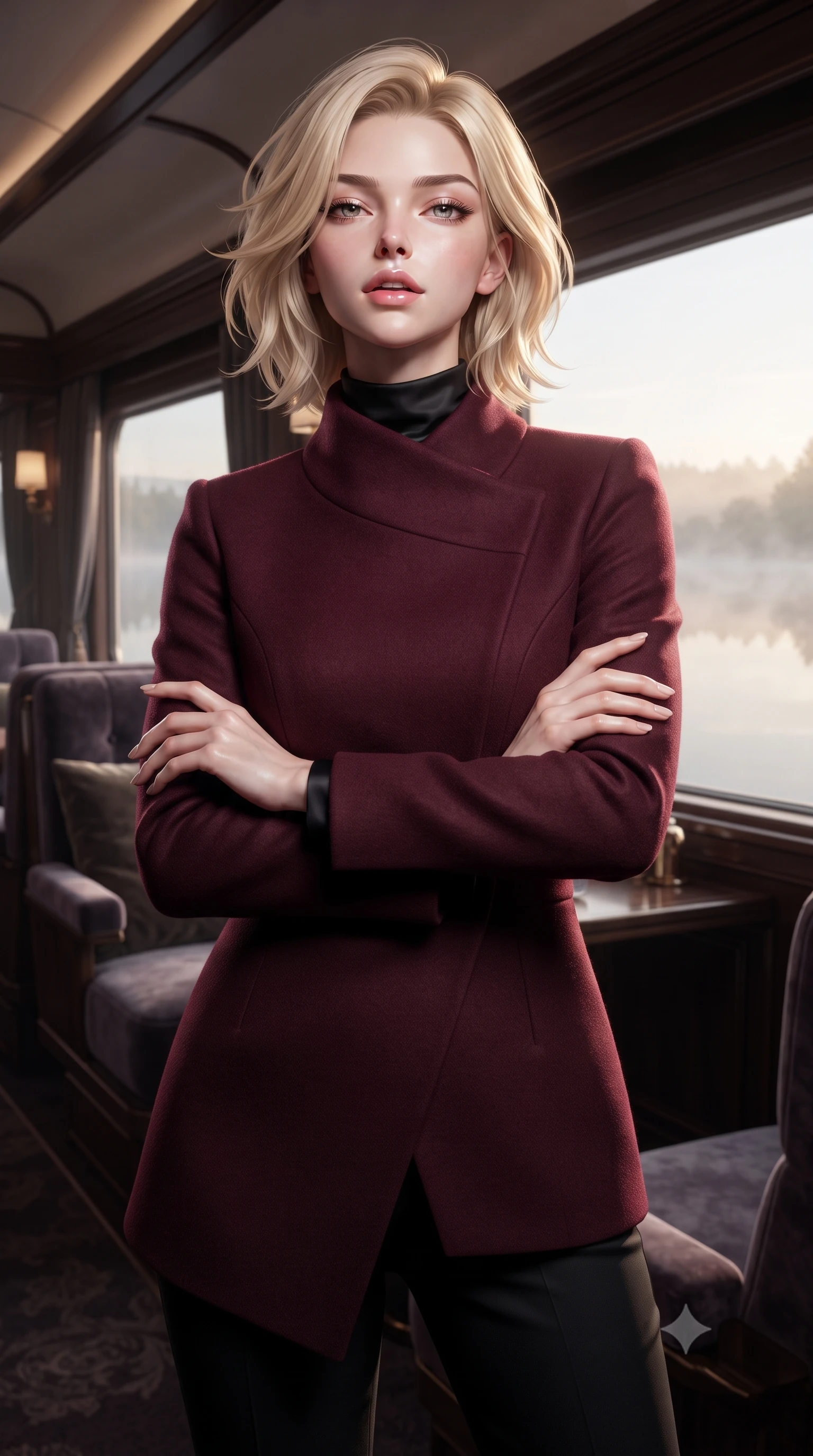 score_9, masterpiece, best quality, ultra-detailed, high-budget anime keyframe, editorial fashion photography, tasteful artistic composition, Caucasian woman. close-up cowboy shot from the waist and thighs up, the character dominates the composition, filling the frame with her large presence, background elements kept in soft focus. tilting her chin up slightly with lips parted in a composed, provocative expression the background shows a soft-focus the luxury lounge car of a high-speed train passing a misty lake at dawn. She has an exceptionally elegant, slender, and willowy female figure with an ultra-slim waist, a gracefully sculpted slender torso, and a refined silhouette. sharp v-shaped jawline, high-bridge nose, intricate jewel-like eyes with depth, thick eyelashes, glossy lips with a natural sheen. wearing a tailored tailored asymmetric jacket in deep burgundy wool with a high wrap collar, over a black silk mock-neck blouse. soft morning mist diffusing the sunlight, creating a tranquil atmosphere. ultra-reflective glossy finish, specular highlights, metallic sheen, high-contrast stereoscopic depth, volumetric dynamic lighting, 2k, ultra detail, master piece, 9:16 ratio