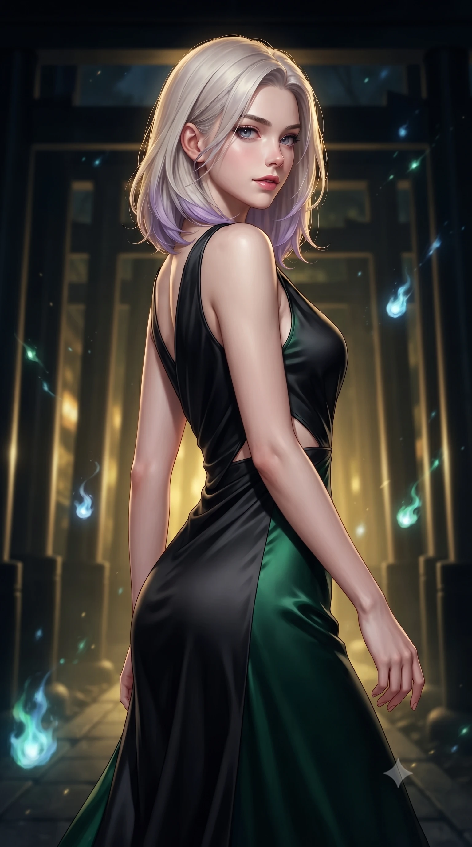 score_9, masterpiece, best quality, ultra-detailed, high-budget anime keyframe, editorial fashion photography, tasteful artistic composition, Caucasian woman. close-up cowboy shot from the waist and thighs up, the character dominates the composition, filling the frame with her large presence, background elements kept in soft focus. Glancing sidelong over her shoulder with a smoldering, enigmatic half-smile, walking through a endless corridor of black lacquer Torii gates at midnight, ghostly spirit fire embers drifting silently through the cool night air. She has an exceptionally elegant, slender, and willowy female figure with an ultra-slim waist, a gracefully sculpted slender torso, and a refined silhouette. sharp v-shaped jawline, high-bridge nose, intricate jewel-like eyes with depth, thick eyelashes, glossy lips with a natural sheen. wearing draped obsidian silk gown featuring tasteful waist slit cutouts in deep emerald green, made of soft dark satin, adorned with minimalist black onyx hardware framing the silhouette, following her slender form with tailored precision. bathed in eerie gold mist glow and deep dark shadow silhouettes. highly saturated vibrant anime colors, detailed shading with soft gradients, rich glossy textures, high-contrast stereoscopic depth, volumetric dynamic lighting, master piece, 9:16 ratio