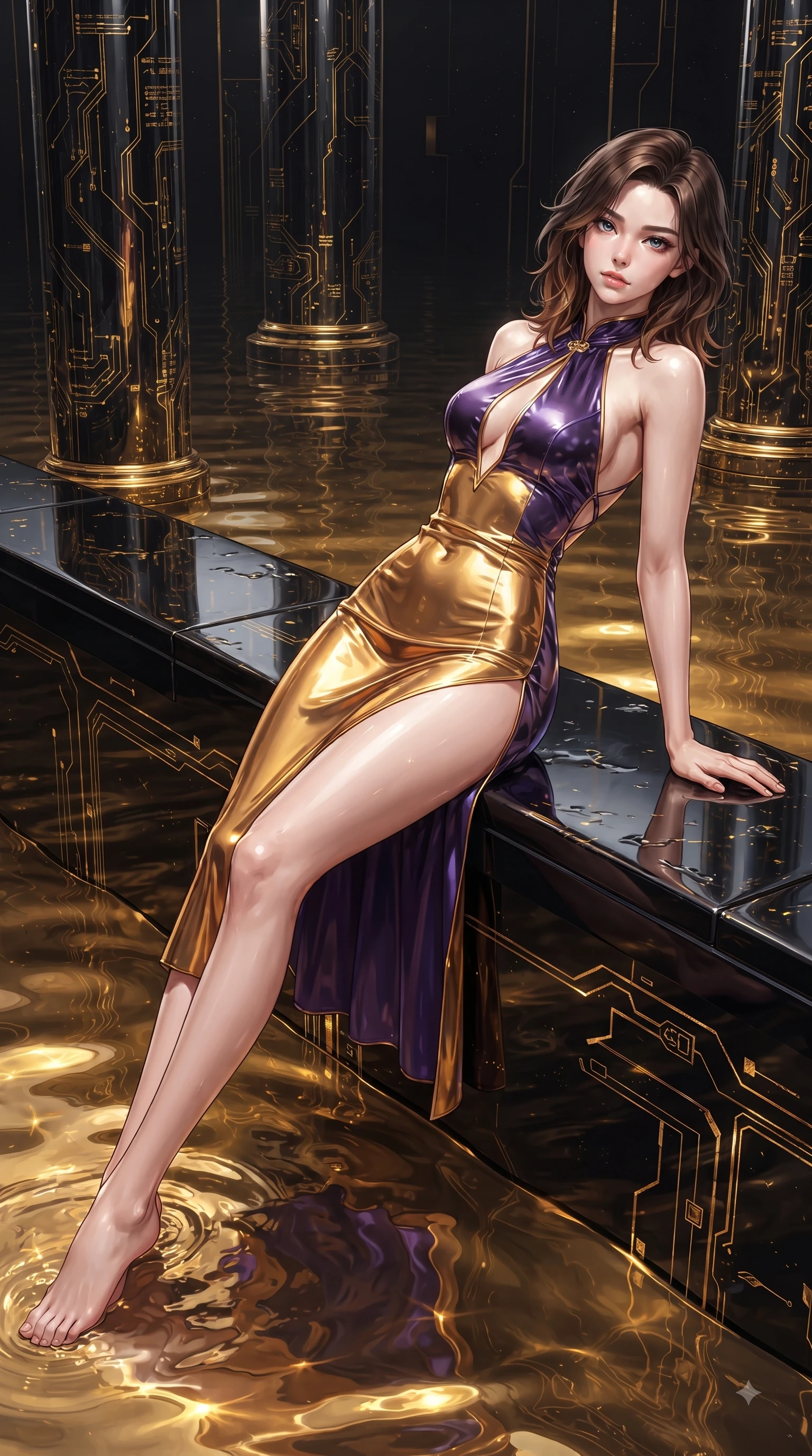 score_9, masterpiece, best quality, ultra-detailed, high-budget anime keyframe, editorial fashion photography, tasteful artistic composition, Korean woman. low angle full-body shot from head to toe showing her feet, filling the entire 9:16 vertical frame with her statuesque presence, stretching her vertical silhouette. arching her back in a fluid zero-gravity turn with sovereign grace, her long slender legs and sculpted torso creating a sweeping line while reclining along the wet obsidian ledge of a cybernetic sanctuary with glowing gold caustics illuminating her figure. The surrounding environment is rendered in vivid detail and crisp panoramic clarity. polished obsidian pillars, intricate golden circuit engravings, and shimmering liquid gold caustics in sharp resolution. She has an absolutely perfect, statuesque 8.5-heads proportion, an exceptionally tall and slender model-like female figure with impossibly long slender legs and an ultra-slim waist. sharp v-shaped jawline, high-bridge nose, intricate jewel-like eyes with depth, thick eyelashes, glossy lips with a natural sheen, flawlessly proportioned anatomical accuracy, natural body alignment, perfectly sculpted elegant limbs, clean dynamic posture without body distortion. wearing a velvet halter-neck midi dress fitting her statuesque contour flawlessly with a Tasteful chest slit and open spine in lustrous molten gold and pure deep violet, formed from high-gloss patent material with specular light reflections, complemented by criss-cross back straps highlighting her completely bare spine, the liquid-tight fabric adhering flawlessly to her sculpted torso and slender silhouette. bathed in shimmering gold reflections from the liquid pool and sharp directional key lights. ultra-reflective glossy finish, specular highlights, metallic sheen, high-contrast stereoscopic depth, volumetric dynamic lighting, 2k, ultra detail, master piece, 9:16 ratio