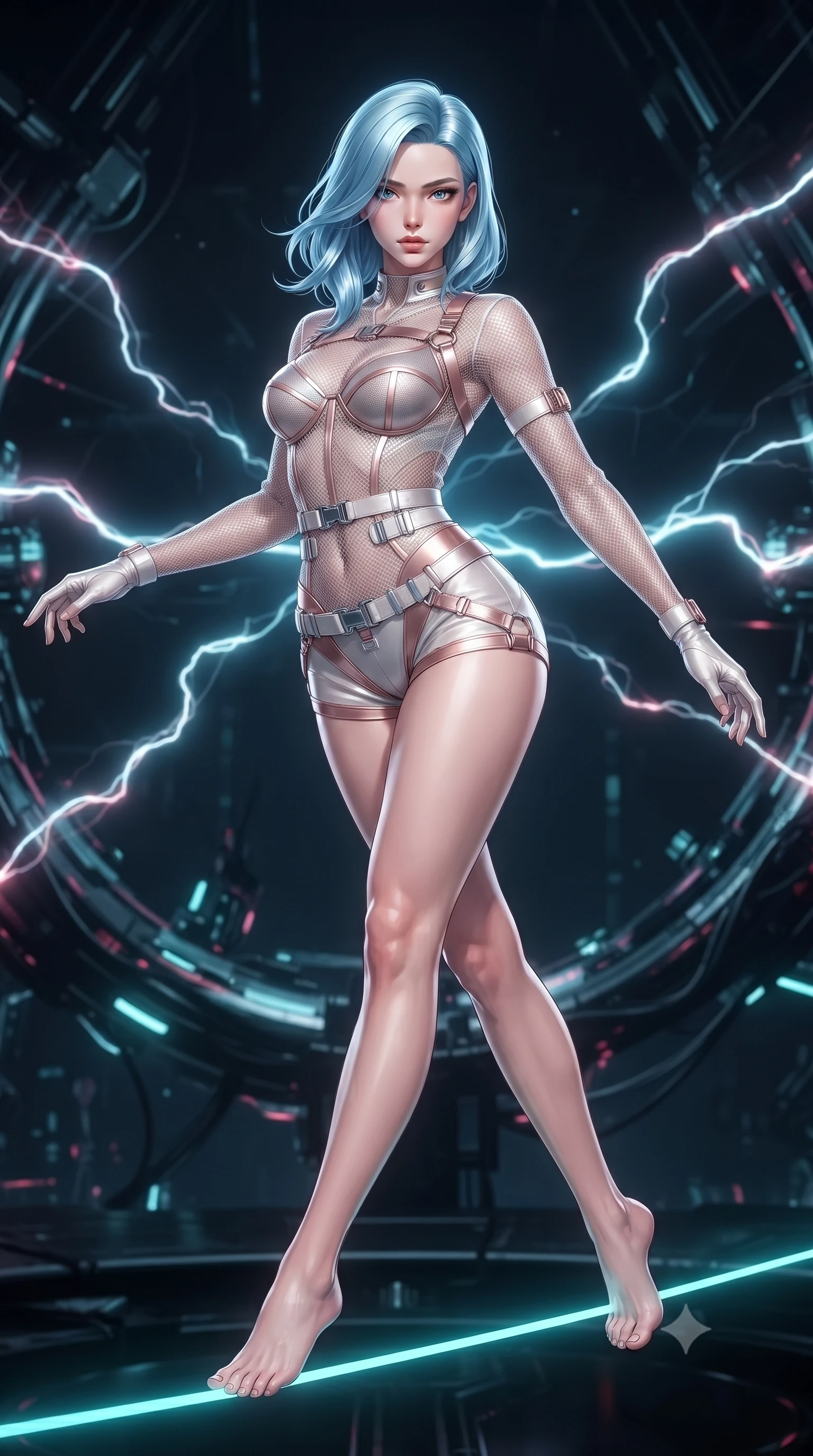 score_9, masterpiece, best quality, ultra-detailed, high-budget anime keyframe, editorial fashion photography, tasteful artistic composition, Korean woman. low angle full-body shot from head to toe showing her feet, filling the entire 9:16 vertical frame with her statuesque presence, stretching her vertical silhouette. pivoting dynamically in zero-gravity with fluid body alignment, displaying her perfect model proportions while balancing dynamically on a high-tension cyan laser wire in a dark cybernetic arena, glowing plasma arcs pulsating rhythmically in the background atmosphere. She has an absolutely perfect, statuesque 8.5-heads proportion, an exceptionally tall and slender model-like female figure with impossibly long slender legs and an ultra-slim waist. sharp v-shaped jawline, high-bridge nose, intricate jewel-like eyes with depth, thick eyelashes, glossy lips with a natural sheen, flawlessly proportioned anatomical accuracy, natural body alignment, perfectly sculpted elegant limbs, clean dynamic posture without body distortion. wearing a delicate see-through mesh top with structured cup boning and micro-shorts in pearl white and rose gold, made of fine carbon-fiber weave and soft matte leather, detailed with polished silver buckles along the waistline, the glove-like fit emphasizing her statuesque silhouette during motion. surrounded by a crisp high-tech illumination with high specular contrast. ultra-reflective glossy finish, specular highlights, metallic sheen, high-contrast stereoscopic depth, volumetric dynamic lighting, 2k, ultra detail, master piece, 9:16 ratio