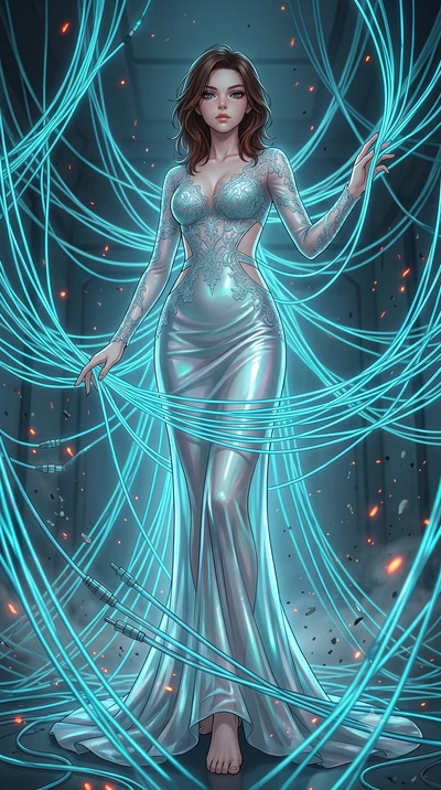score_9, masterpiece, best quality, ultra-detailed, High-budget Anime Keyframe, East Asian woman. Low angle cowboy shot filling the entire 9:16 frame with her statuesque presence. Scenario 366: tangled in a web of glowing cyan fiber-optic cables insi