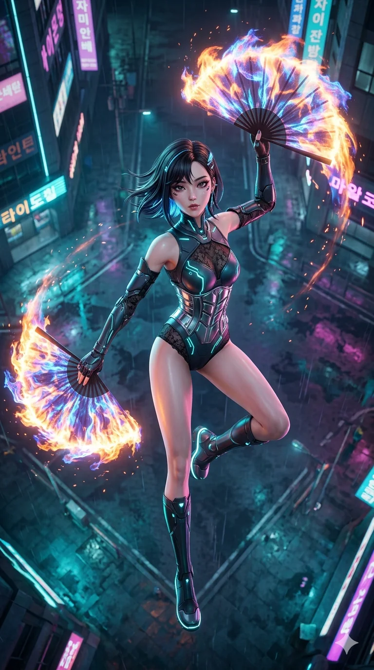 score_9, masterpiece, best quality, ultra-detailed, semi-realistic 3D game render, high-fidelity textures, Unreal Engine 5 style, Korean anime girl. Extreme high angle shot as she leaps towards the camera, filling the frame. performing a traditional fan dance with fans made of holographic fire. She has an absolutely perfect 8-heads proportion, an exceptionally tall and slender female figure with an ultra-slim waist and impossibly long slender legs. strictly human anatomy, two legs only, no extra limbs, clearly defined legs and arms, perfect anatomy, perfect hands and fingers. sharp v-shaped jawline, high-bridge nose, intricate jewel-like eyes, thick eyelashes, glossy lips. Wearing Cyber-Tech Legacy: Asymmetrical high-cut tech-bodysuit with detached sleeves and chrome-plated corset over sheer lace. The scene is illuminated by dramatic atmospheric lighting and vibrant color palettes. , 2k, ultra detail, master piece, 9:16 ratio