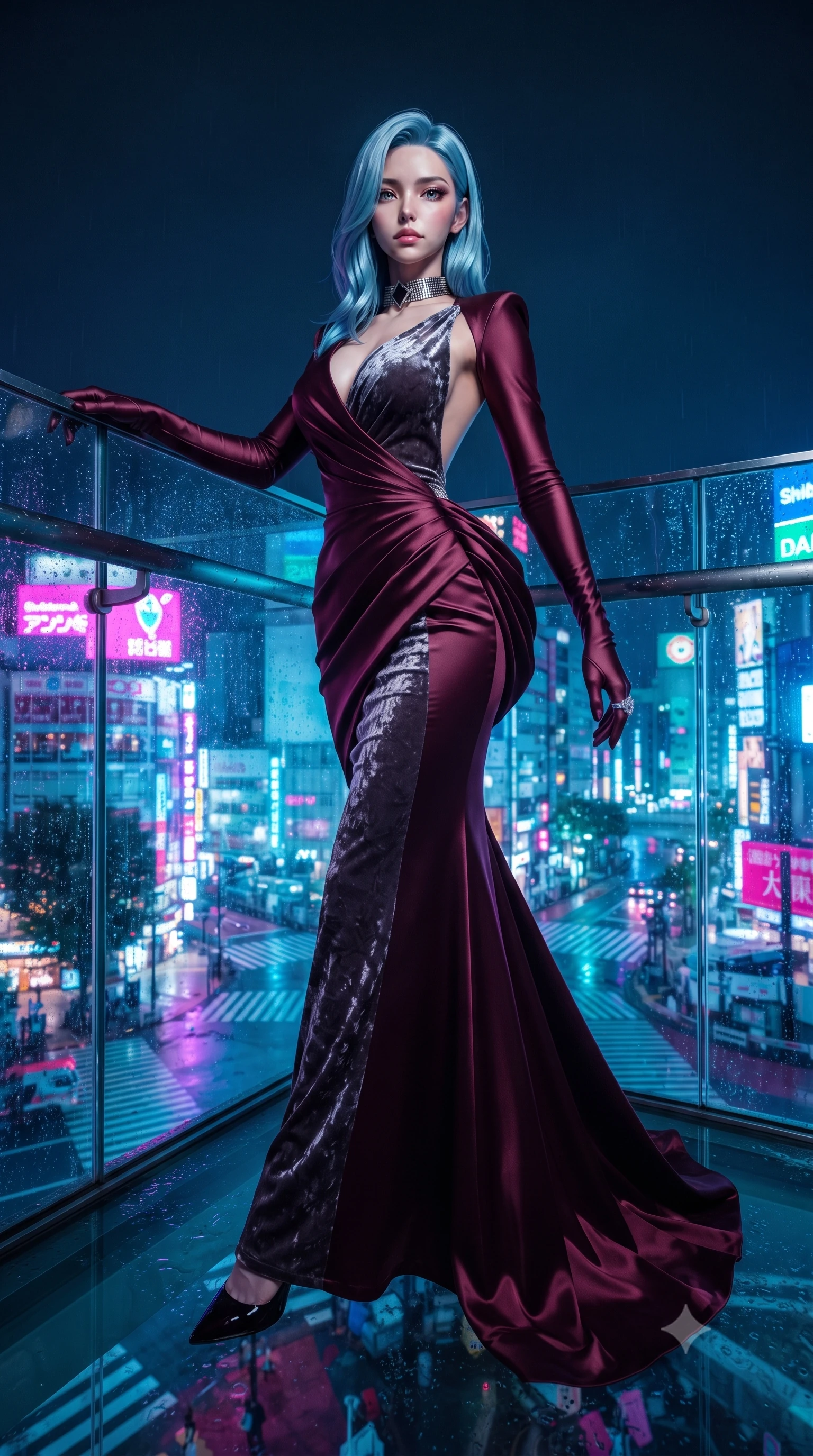 score_9, masterpiece, best quality, ultra-detailed, high-budget anime keyframe, editorial fashion photography, tasteful artistic composition, Korean woman. low angle full-body shot from head to toe showing her feet, filling the entire 9:16 vertical frame with her statuesque presence, stretching her vertical silhouette. striding forward in a proud supermodel runway stride, hips swaying in an alluring kinetic rhythm that accentuates her curvy hourglass silhouette while leaning deep against the transparent cantilevered glasscube railing suspended 300 meters above Shibuya, hips cocked back as neon crossroads swirl beneath her feet. The surrounding environment is rendered in vivid detail and crisp panoramic clarity. sharp glasscube seam joints, rain droplet tracks on glass, and high-altitude skyscraper spire clarity in deep focus. She has an exceptionally tall and slender model-like 8.5-heads proportion, an ultra-slim waist, a flat toned midriff, narrow delicate ribcage, and beautifully sculpted feminine hips creating a graceful, slim hourglass silhouette without any bulky heaviness, with impossibly long slender legs. sharp v-shaped jawline, high-bridge nose, intricate jewel-like eyes with depth, thick eyelashes, glossy parted lips with a natural sheen, intensely captivating and seductive bedroom-eyes expression, flawlessly proportioned anatomical accuracy, strict slender model proportions, natural body alignment, perfectly sculpted long slender limbs, ultra-slim waistline, clean dynamic posture without body distortion. wearing an open-back duchess satin gala gown with a dramatic hip-hugging drape and cascading trailing hem in deep wine burgundy and brushed dark platinum, crafted from heavyweight crushed silk velvet with liquid vintage luster, complemented by a bold geometric choker and sparkling cocktail ring, the glove-like aerodynamic silhouette tightly following the natural contour of her hips and long slender legs with statuesque 8.5-heads elegance. bathed in vibrant magenta and electric cyan neon underlights contrasting with cool night sky ambient fill. ultra-reflective glossy finish, specular highlights, rich textural contrasts, high-contrast stereoscopic depth, volumetric dynamic lighting, 2k, ultra detail, master piece, 9:16 ratio