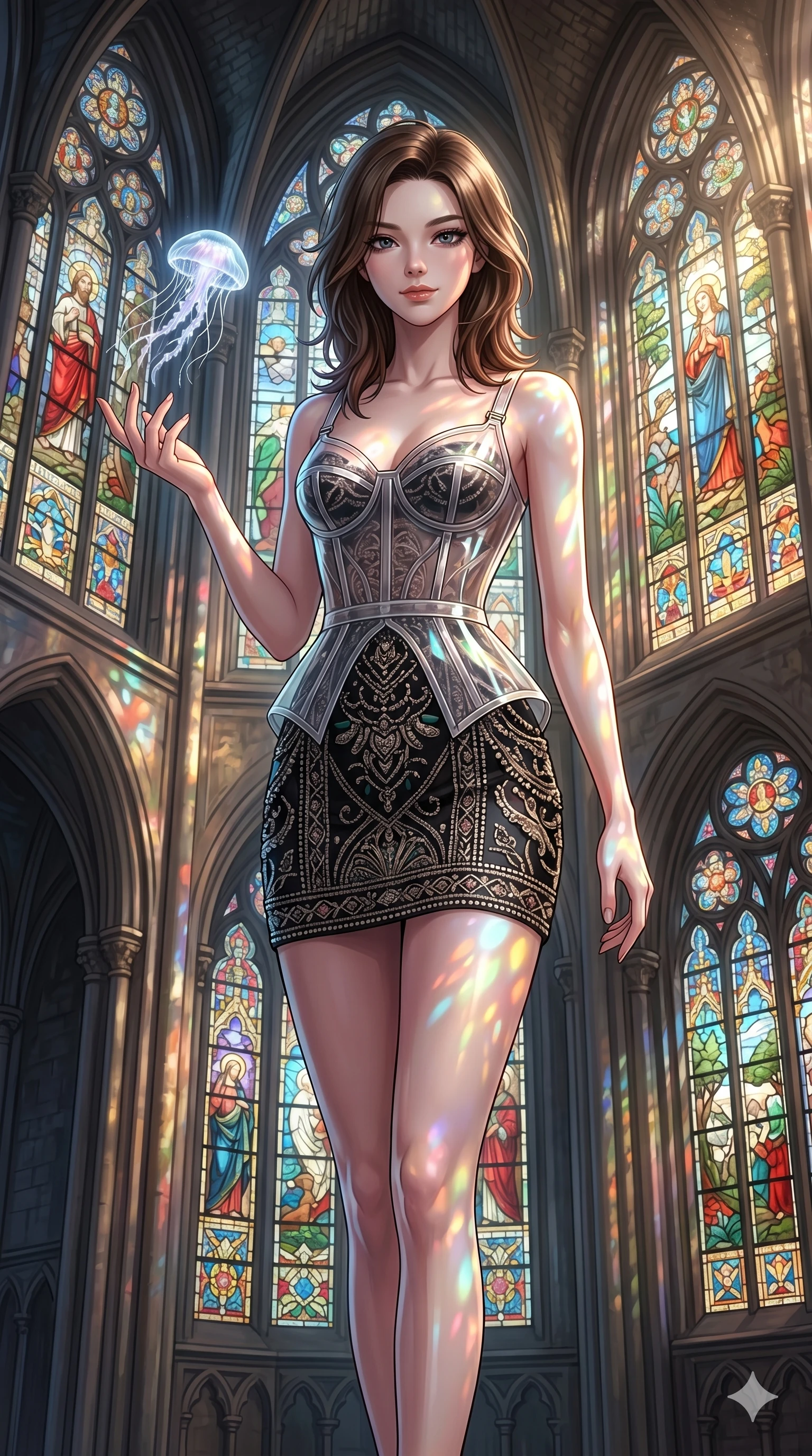 score_9, masterpiece, best quality, ultra-detailed, high-budget anime keyframe, editorial fashion photography, tasteful artistic composition, Korean woman. cowboy shot from the thighs up, character and outfit filling the frame for maximum editorial presence. reaching a hand toward a floating jellyfish, looking at the camera with a mystical smile in a gothic cathedral with stained-glass (Code-P17-184). She has an absolutely perfect 8-heads proportion, an exceptionally tall and slender female figure with impossibly long slender legs and an ultra-slim waist. V-shaped jawline, high-bridge nose, intricate jewel-like eyes with depth, thick eyelashes, glossy lips with a natural sheen. wearing a translucent polymer structured bodice over a black patterned embroidery dress. drenched in brilliant afternoon sunshine, highlighting her sleek silhouette and smooth skin. 2k, ultra detail, master piece, 9:16 ratio