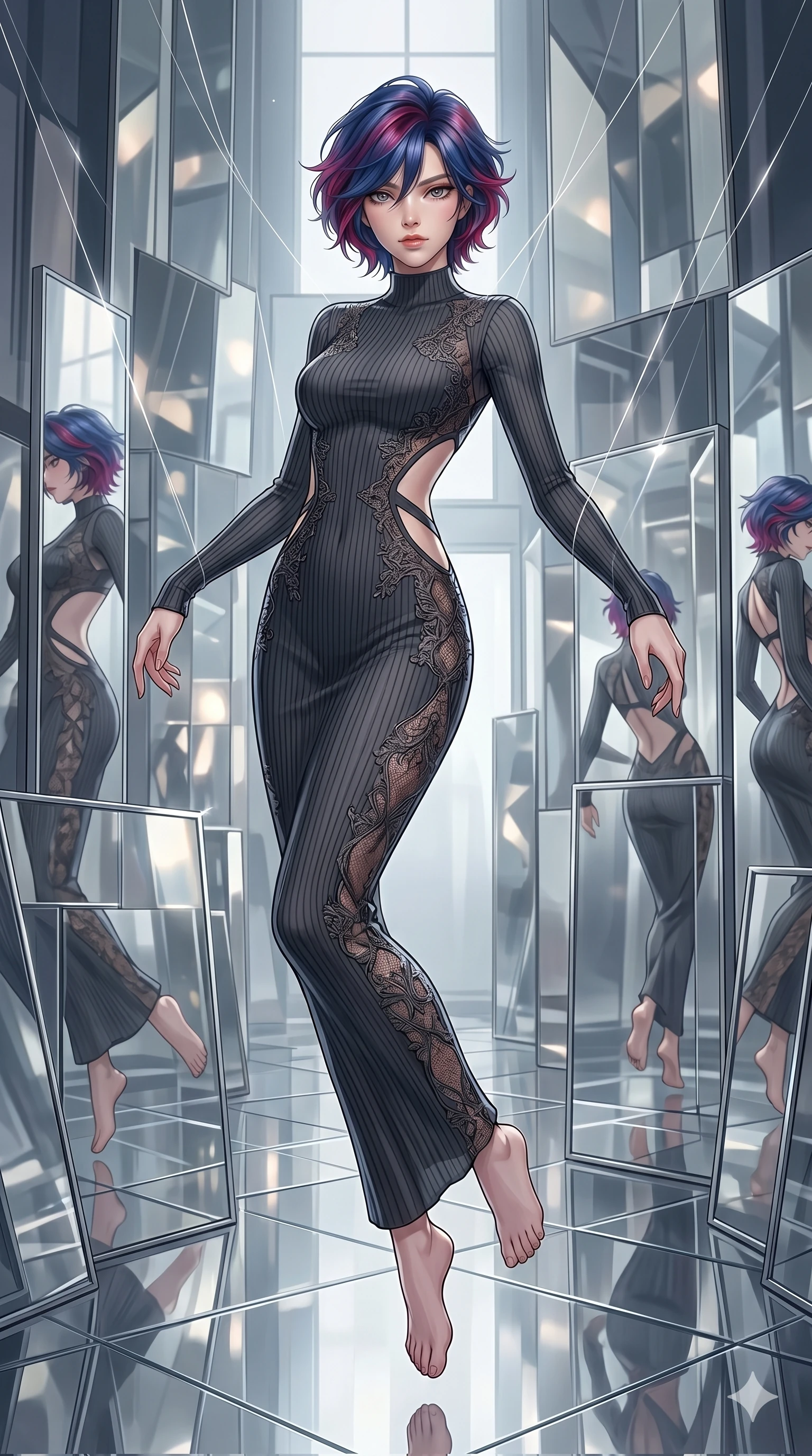 score_9, masterpiece, best quality, ultra-detailed, High-budget Anime Keyframe, East Asian woman. Dynamic full-body shot stretching the vertical silhouette to the limit. Scenario 266: Suspended by invisible silk threads in a hall of mirrors. Her presence is magnetic and overpowering in this high-budget anime scene. Outfit 266: A ribbed bodycon knit mesh with a strategic side cut-outs and delicate lace embroidery. The clothing is designed to emphasize her exceptionally tall and slender 8-heads proportion. 8-heads proportion, towering silhouette, ultra-slim waist. sharp v-shaped jawline, intricate jewel-like eyes with depth, thick eyelashes, glossy lips. 2k, ultra detail, master piece, 9:16 ratio