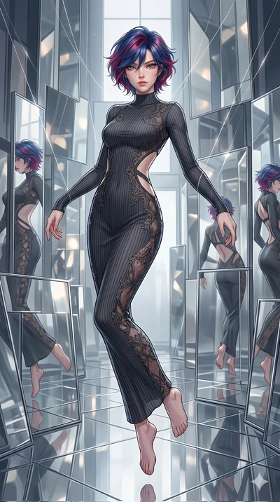 score_9, masterpiece, best quality, ultra-detailed, High-budget Anime Keyframe, East Asian woman. Dynamic full-body shot stretching the vertical silhouette to the limit. Scenario 266: Suspended by invisible silk threads in a hall of mirrors. Her pres