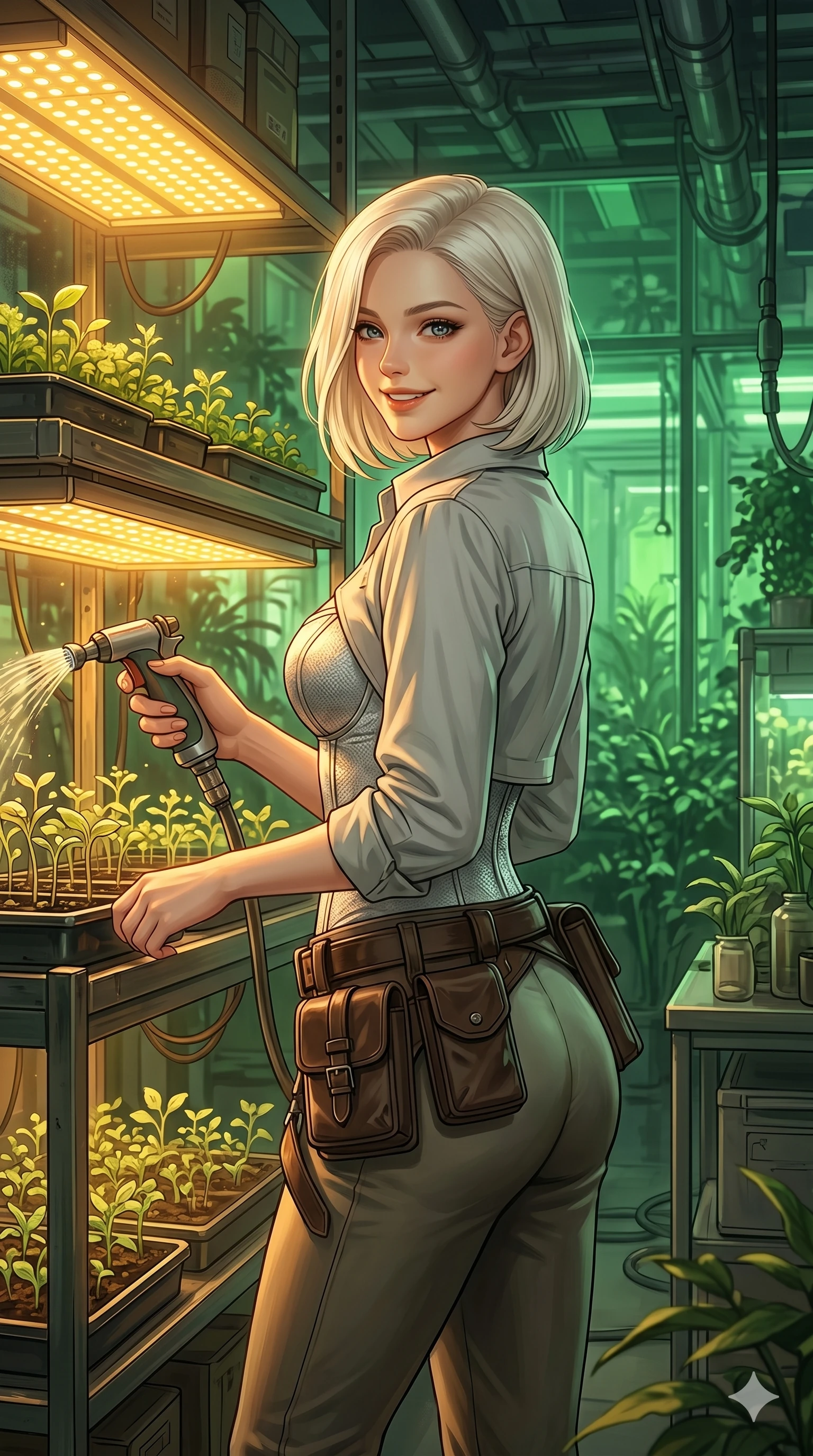 score_9, masterpiece, best quality, ultra-detailed, high-budget anime keyframe, editorial fashion photography, tasteful artistic composition, Caucasian woman, strictly human ears. Upper body close-up from the thighs up, character filling the screen for maximum presence. Inside a biotech lab greenhouse, watering seedlings, holding a small watering spray, looking back with a happy, friendly expression. She is wearing a cropped work shirt over a silver bodice, with a leather utility belt. The scene is lit by warm yellow grow lights and soft green ambient light. 2k, ultra detail, master piece, 9:16 ratio