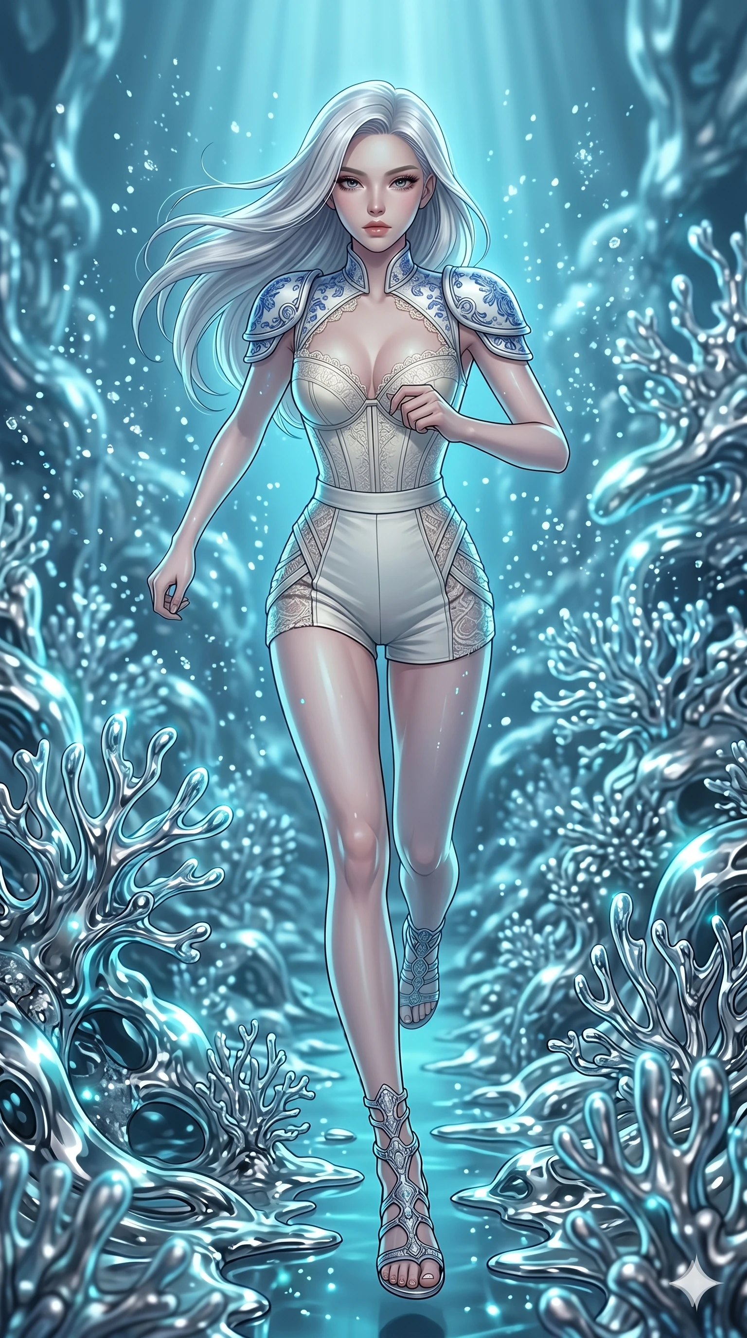 score_9, masterpiece, best quality, ultra-detailed, high-budget anime keyframe, editorial fashion photography, tasteful artistic composition, Korean woman. low angle full-body shot from head to toe showing her feet, filling the entire 9:16 vertical frame with her statuesque presence, stretching her vertical silhouette. sprinting along through a bionic fluid mercury reef where self-replicating liquid chrome corals pulse while thousands of shimmering crystal dust particles dance in the air. She has an absolutely perfect 8-heads proportion, an exceptionally tall and slender female figure with impossibly long slender legs and an ultra-slim waist. V-shaped jawline, high-bridge nose, intricate jewel-like eyes with depth, thick eyelashes, glossy lips with a natural sheen.. wearing a porcelain-engraved hard shoulder plate with blue patterns and a structured ivory lace-trimmed corset top with high-waisted shorts and elegant side-panel detailing. lit by a cool cybernetic cyan glow that highlights the contours of her slender form. 2k, ultra detail, master piece, 9:16 ratio