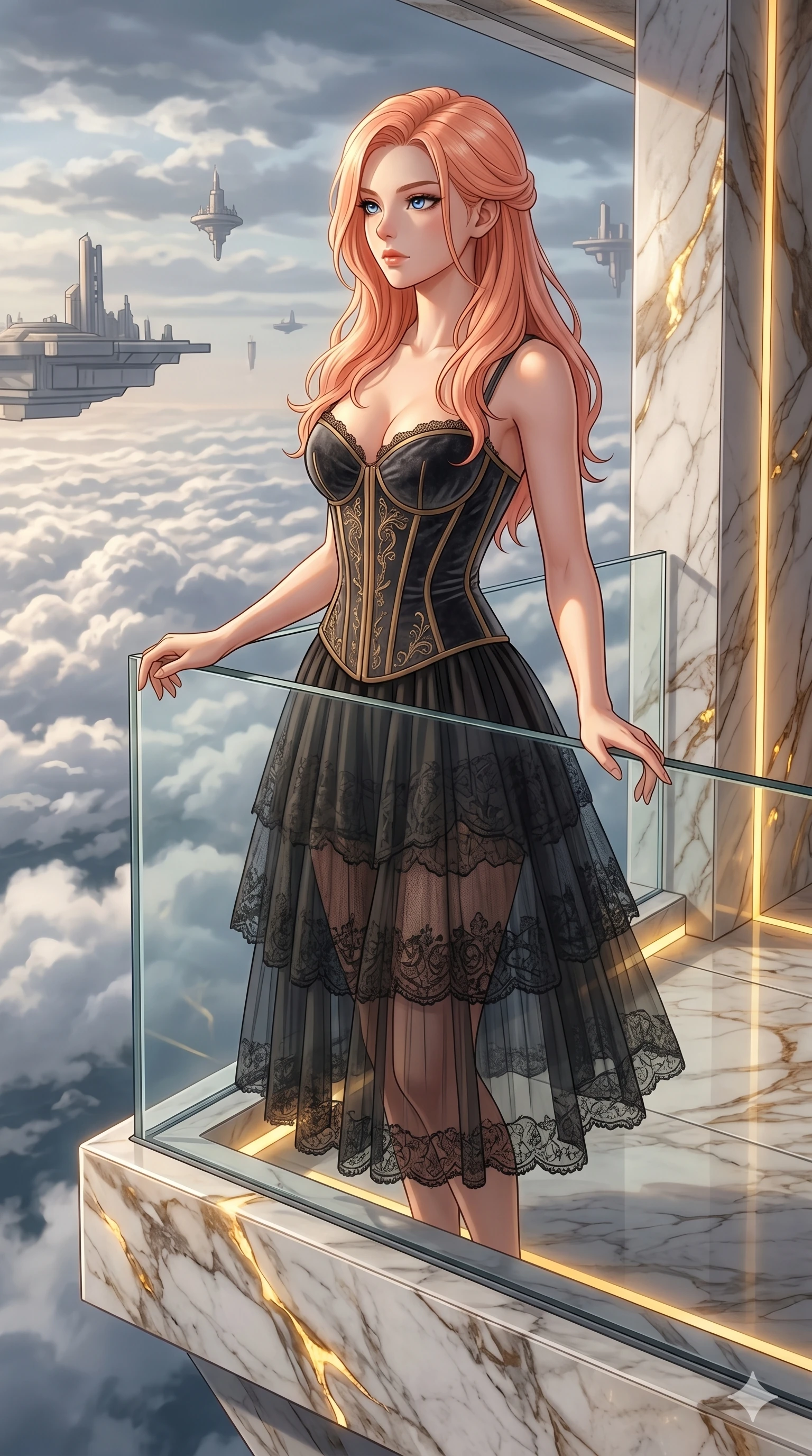 score_9, masterpiece, best quality, ultra-detailed, high-budget anime keyframe, editorial fashion photography, tasteful artistic composition, Japanese woman. cowboy shot from the thighs up, character and outfit filling the frame for maximum editorial presence. resting her hands on the glass, looking with quiet self-assurance on a floating marble balcony above cloudscape (Code-P17-158). She has an absolutely perfect 8-heads proportion, an exceptionally tall and slender female figure with impossibly long slender legs and an ultra-slim waist. V-shaped jawline, high-bridge nose, intricate jewel-like eyes with depth, thick eyelashes, glossy lips with a natural sheen. wearing a dark velvet corset combined with a sheer lace skirt. golden light emanating from the mineral veins, creating a dramatic chiaroscuro effect. 2k, ultra detail, master piece, 9:16 ratio