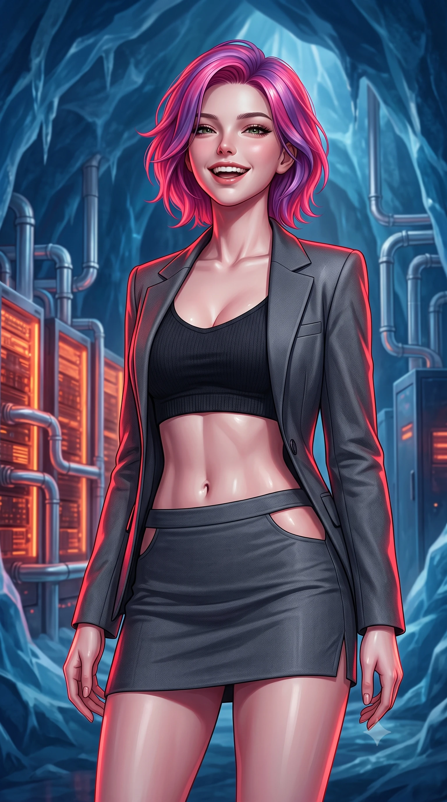 score_9, masterpiece, best quality, ultra-detailed, high-budget anime keyframe, editorial fashion photography, tasteful artistic composition, Caucasian woman, strictly human ears. close-up cowboy shot from the waist and thighs up, the character dominates the composition, filling the frame with her large presence, background elements kept in soft focus. Gently laughing with her head tilted back slightly in relaxed joy. set against a soft-focus background of inside a cavern made of deep blue glacial ice housing glowing orange computer servers cooled by complex silver piping systems. She has an exceptionally elegant, slender, and willowy female figure with a highly-defined ultra-slim waist, a gracefully sculpted slender torso, and a refined slim-fit silhouette that contours her form. sharp v-shaped jawline, high-bridge nose, intricate jewel-like eyes with depth, thick eyelashes, glossy lips with a natural sheen. wearing a structured blazer in charcoal grey worn open over a black crop top and matching mini skirt with side cutout. deep crimson theatrical lighting with sharp specular highlights on every curve. 2k, ultra detail, master piece, 9:16 ratio