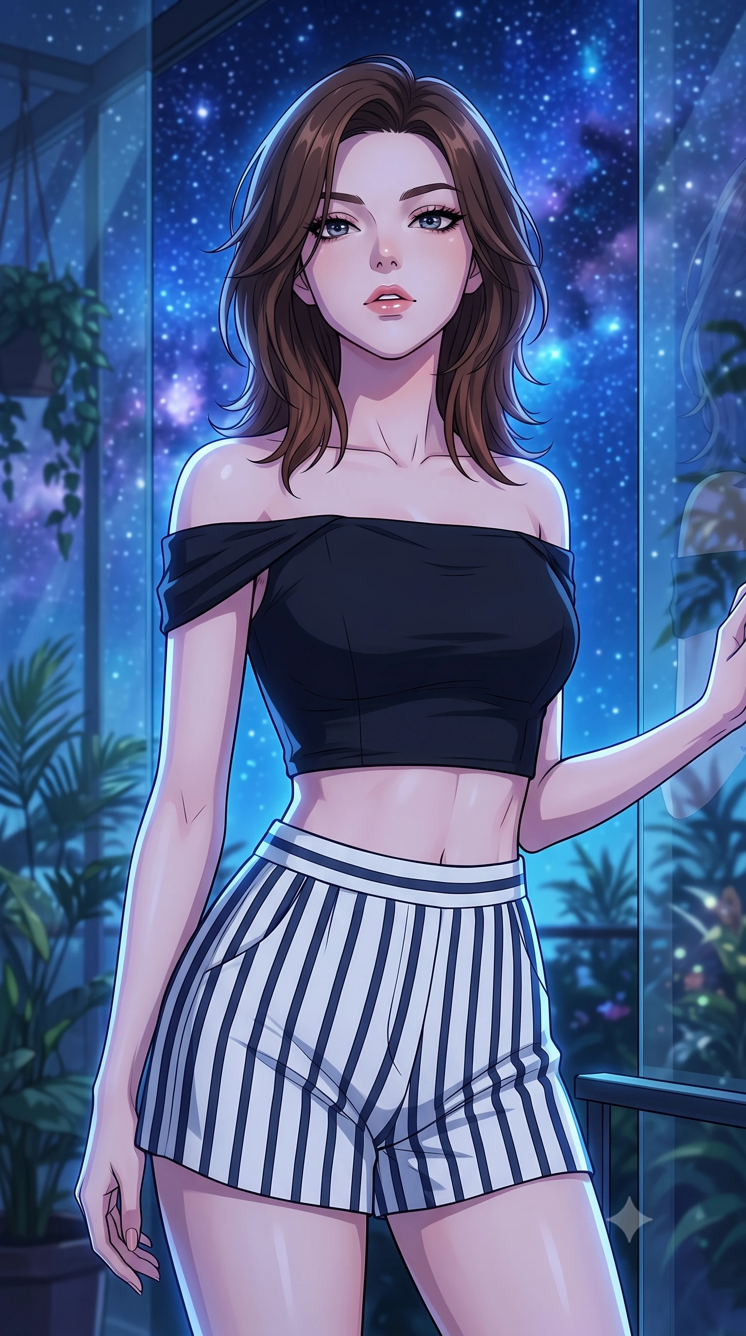score_9, masterpiece, best quality, ultra-detailed, high-budget anime keyframe, tasteful artistic composition, Korean woman. close-up cowboy shot from the waist and thighs up, the character dominates the composition, filling the frame with her large presence, background elements kept in soft focus. tilting her chin up slightly with lips parted in a composed, provocative expression the background shows a soft-focus an indoor botanical sanctuary with glass walls looking at a starry nebula sky. She has an exceptionally elegant, slender, and willowy female figure with an ultra-slim waist, a gracefully sculpted slender torso, and a refined silhouette. sharp v-shaped jawline, high-bridge nose, intricate jewel-like eyes with depth, thick eyelashes, glossy lips with a natural sheen. wearing a tailored chic off-shoulder crop top in black linen, paired with high-waisted striped resort shorts. cool blue and violet nebula glow wrapping her silhouette in a celestial wash. highly saturated vibrant anime colors, cel-shading, 2d style, master piece, 9:16 ratio