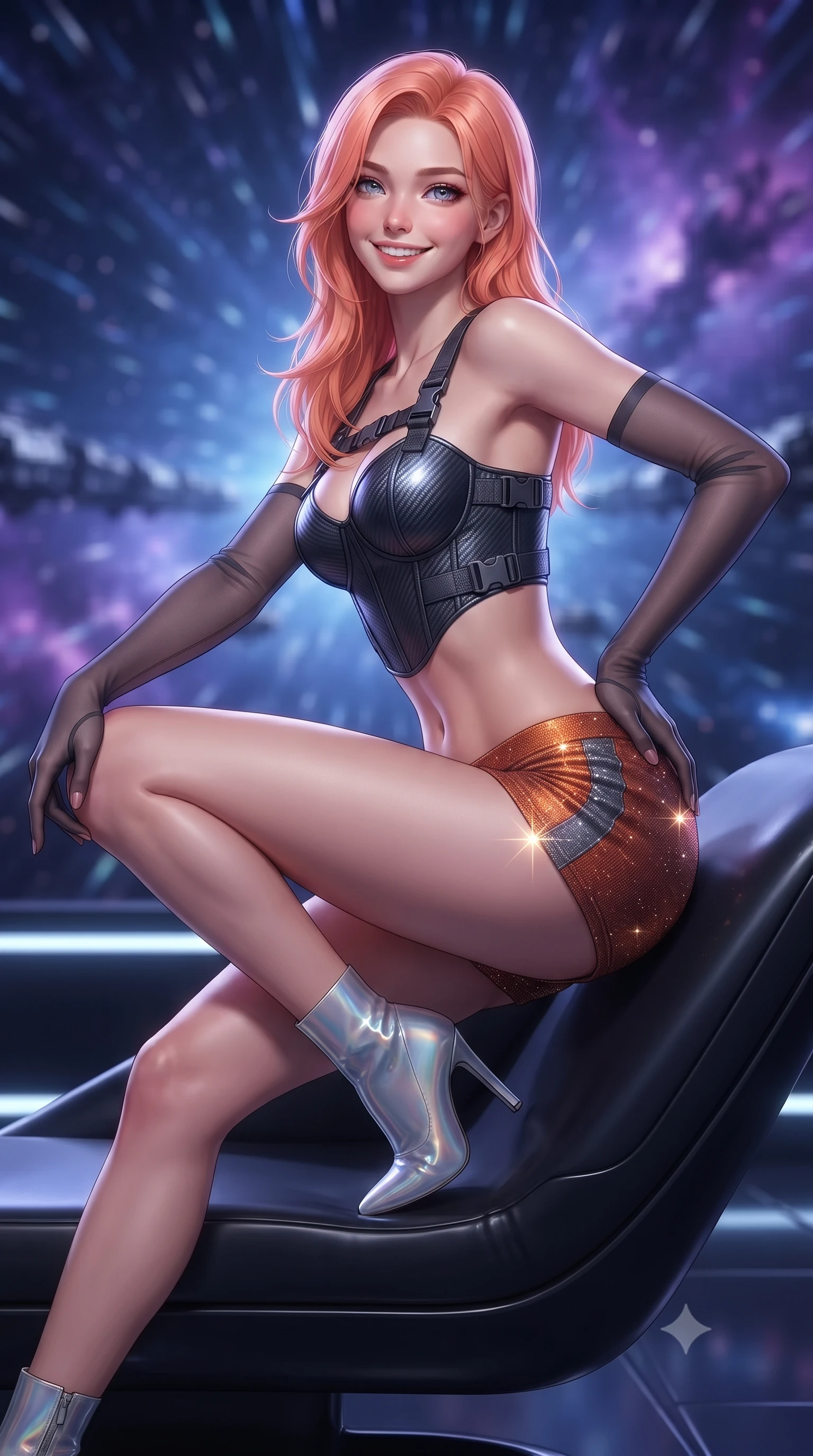 score_9, masterpiece, best quality, ultra-detailed, high-budget anime keyframe, editorial fashion photography, tasteful artistic composition, Japanese woman. close-up cowboy shot from the waist and thighs up, the character dominates the composition, filling the frame with her large presence. perched sideways on the lounge seat, one knee drawn up to showcase her slender leg line while her arched back accentuates her feminine hip curve while twisting her slender torso in an alluring S-curve, indigo warp field distortions and star nebulae casting celestial light ribbons across her flat midriff and hourglass curves. The background shows a soft-focus shimmering indigo hyperspace warp gate vortex, rows of dreadnought formations, and distant purple nebula clouds blurred into indigo, sapphire, and diamond bokeh. She has an exceptionally elegant, slender, and willowy female figure with an ultra-slim waist, flat toned midriff, narrow ribcage, and sculpted feminine hips creating an alluring, slim hourglass silhouette without bulk. sharp v-shaped jawline, high-bridge nose, intricate jewel-like sparkling eyes with depth, thick eyelashes, glossy parted lips with a natural peach sheen, bright cheerful beaming smile with an enchanting and coquettish sensual glint, exuding both youthful cute charm and seductive allure, flawlessly proportioned anatomical accuracy, strict slender model proportions, natural body alignment, perfectly sculpted long slender limbs, ultra-slim waistline, clean dynamic posture without body distortion. wearing a sculpted carbon-fiber underwire crop corset with tactical buckle straps paired with low-rise micro shorts in volcanic ember orange and brushed gunmetal, woven from stretch metallic lurex jersey casting radiant starlight glints across her curves, complemented by sheer opera-length evening gloves tracing her slender arms, the high-slit wrap tailoring accentuating her ultra-slim waistline and the enchanting curve of her feminine hips with alluring seductive charm. illuminated by dark obsidian deck bounce and sharp indigo-platinum rim lights defining her razor-sharp jawline, narrow waist, and curvy hips. ultra-reflective glossy finish, specular highlights, rich textural contrasts, high-contrast stereoscopic depth, volumetric dynamic lighting, 2k, ultra detail, master piece, 9:16 ratio