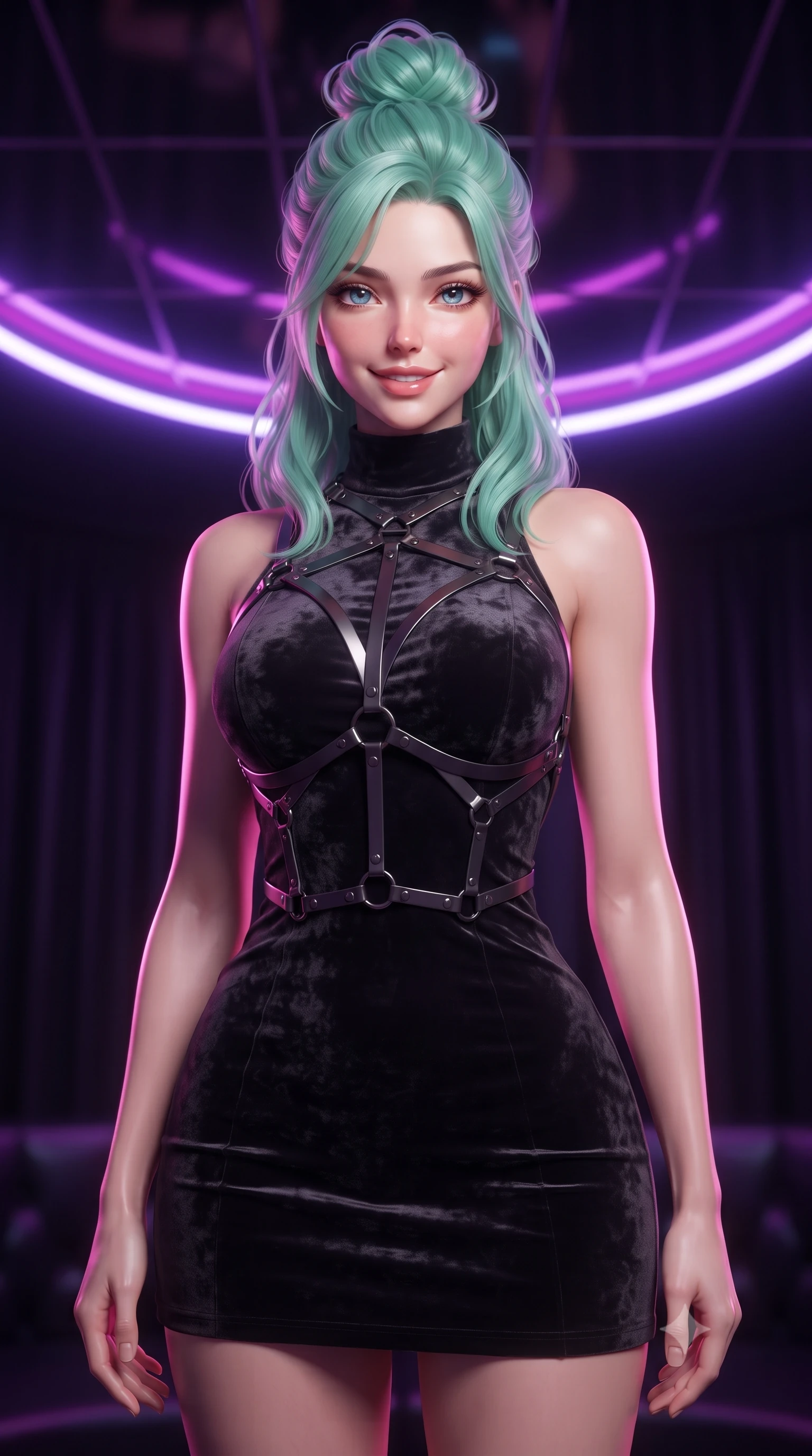 score_9, masterpiece, best quality, ultra-detailed, high-budget anime keyframe, editorial fashion photography, tasteful artistic composition, Japanese woman. close-up cowboy shot from the waist and thighs up, the character dominates the composition, filling the frame with her large presence, background elements kept in soft focus. Smiling with quiet, magnetic self-assurance directly into the camera, standing under a mirror ceiling reflecting glowing violet and magenta neon arcs, glove-like fit liquid vinyl dress highlighting her ultra-slim waist. She has an exceptionally elegant, slender, and willowy female figure with an ultra-slim waist, a gracefully sculpted slender torso, and a refined silhouette. sharp v-shaped jawline, high-bridge nose, intricate jewel-like eyes with depth, thick eyelashes, glossy lips with a natural sheen. wearing sleek high-neck ribbed activewear bodysuit in matte black in dark mahogany, made of crushed dark silk velvet, highlighted by a gunmetal metallic harness structure, accentuating her gracefully sculpted slender torso. illuminated by vibrant magenta and cyan neon rim light against pitch-black leather. highly saturated vibrant anime colors, detailed shading with soft gradients, rich glossy textures, high-contrast stereoscopic depth, volumetric dynamic lighting, master piece, 9:16 ratio
