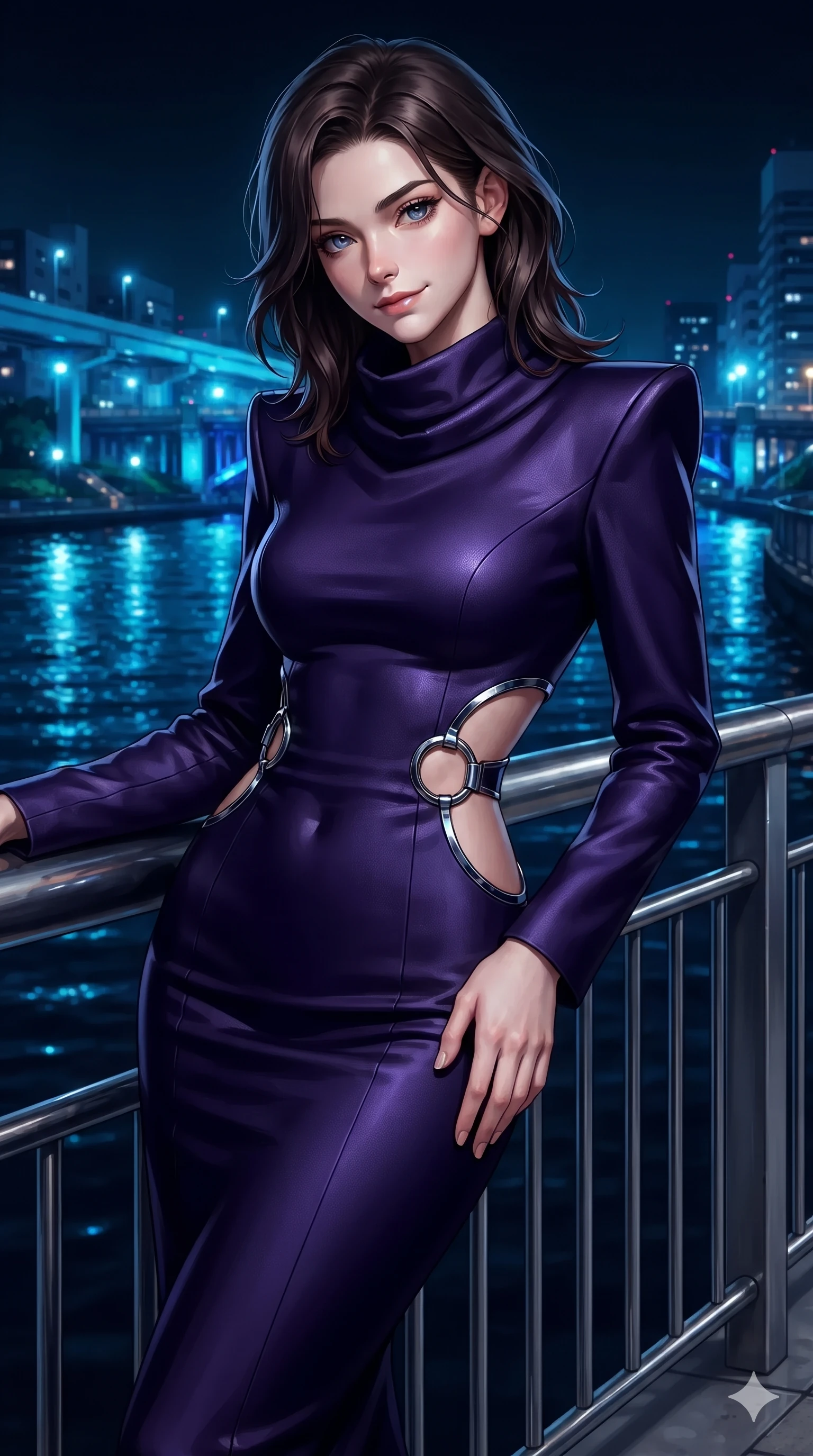 score_9, masterpiece, best quality, ultra-detailed, high-budget anime keyframe, editorial fashion photography, tasteful artistic composition, Korean woman. close-up cowboy shot from the waist and thighs up, the character dominates the composition, filling the frame with her large presence. tilting her head with a teasing half-smile, running one hand slowly down the side of her hip in a flirtatious S-curve as ambient neon caresses her silhouette while twisting her slender torso in an alluring S-curve against the chrome promenade railing, electric cobalt light tracing her waist and hips. The surrounding environment is rendered in vivid detail and crisp panoramic clarity: detailed liquid-tight tailored bodysuit tailoring, chrome hardware accents, and riverside engineering in razor-sharp clarity. She has an exceptionally elegant, slender, and willowy female figure with an ultra-slim waist, flat toned midriff, narrow ribcage, and sculpted feminine hips creating an alluring, slim hourglass silhouette without bulk. sharp v-shaped jawline, high-bridge nose, intricate jewel-like dark sparkling eyes with dangerous depth, thick curled eyelashes, glossy parted lips with a rich wine sheen, smoldering seductive half-smile with bedroom-eyes, exuding effortless superiority and intoxicating dark allure, flawlessly proportioned anatomical accuracy, strict slender model proportions, natural body alignment, perfectly sculpted long slender limbs, ultra-slim waistline, clean dynamic posture without body distortion. wearing a bespoke architectural wool-crepe column gown with high cowl neck and sharp structured shoulders in ultraviolet neon and dark rain-soaked shadow tones, woven from bespoke high-density barathea wool with refined ceremonial hold, accented with sculptural chrome hardware rings framing the subtle cutouts, the impeccably tailored cut draping gracefully along her slender figure with aristocratic noir poise. bathed in brilliant electric cobalt and cyan LED illuminations reflecting off the dark river water. ultra-reflective glossy finish, specular highlights, rich textural contrasts, high-contrast stereoscopic depth, volumetric dynamic lighting, 2k, ultra detail, master piece, 9:16 ratio
