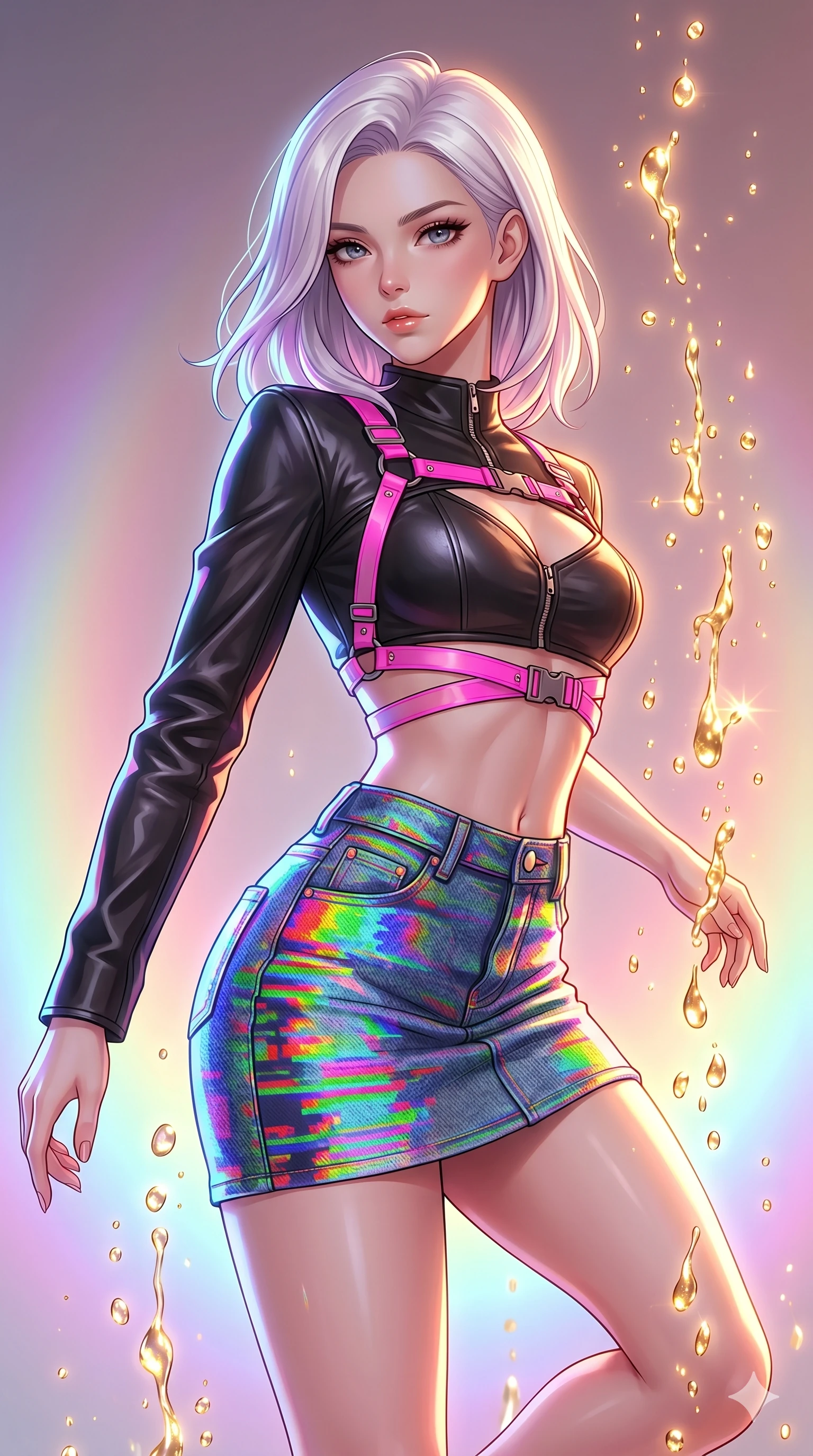 score_9, masterpiece, best quality, ultra-detailed, high-budget anime keyframe, Caucasian woman, strictly human ears. upper body close-up from the thighs up, character filling the screen for maximum presence. dodging ethereal liquid gold rain that rises upward from the ground in warm shimmering droplets under an inverted gravity field. She has an absolutely perfect 8-heads proportion, an exceptionally tall and slender female figure with impossibly long slender legs and an ultra-slim waist. V-shaped jawline, high-bridge nose, intricate jewel-like eyes with depth, thick eyelashes, glossy lips with a natural sheen.. wearing a glitch denim and studded leather outfit, featuring an RGB glitch pattern denim structured mini skirt, a single-sleeve cropped leather jacket, and neon pink harness straps. enhanced by a luminous pastel spectrum glow, casting elegant rim lights on her shoulders and jawline. 2k, ultra detail, master piece, 9:16 ratio