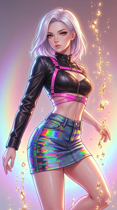 score_9, masterpiece, best quality, ultra-detailed, high-budget anime keyframe, Caucasian woman, strictly human ears. upper body close-up from the thighs up, character filling the screen for maximum presence. dodging ethereal liquid gold rain that ri