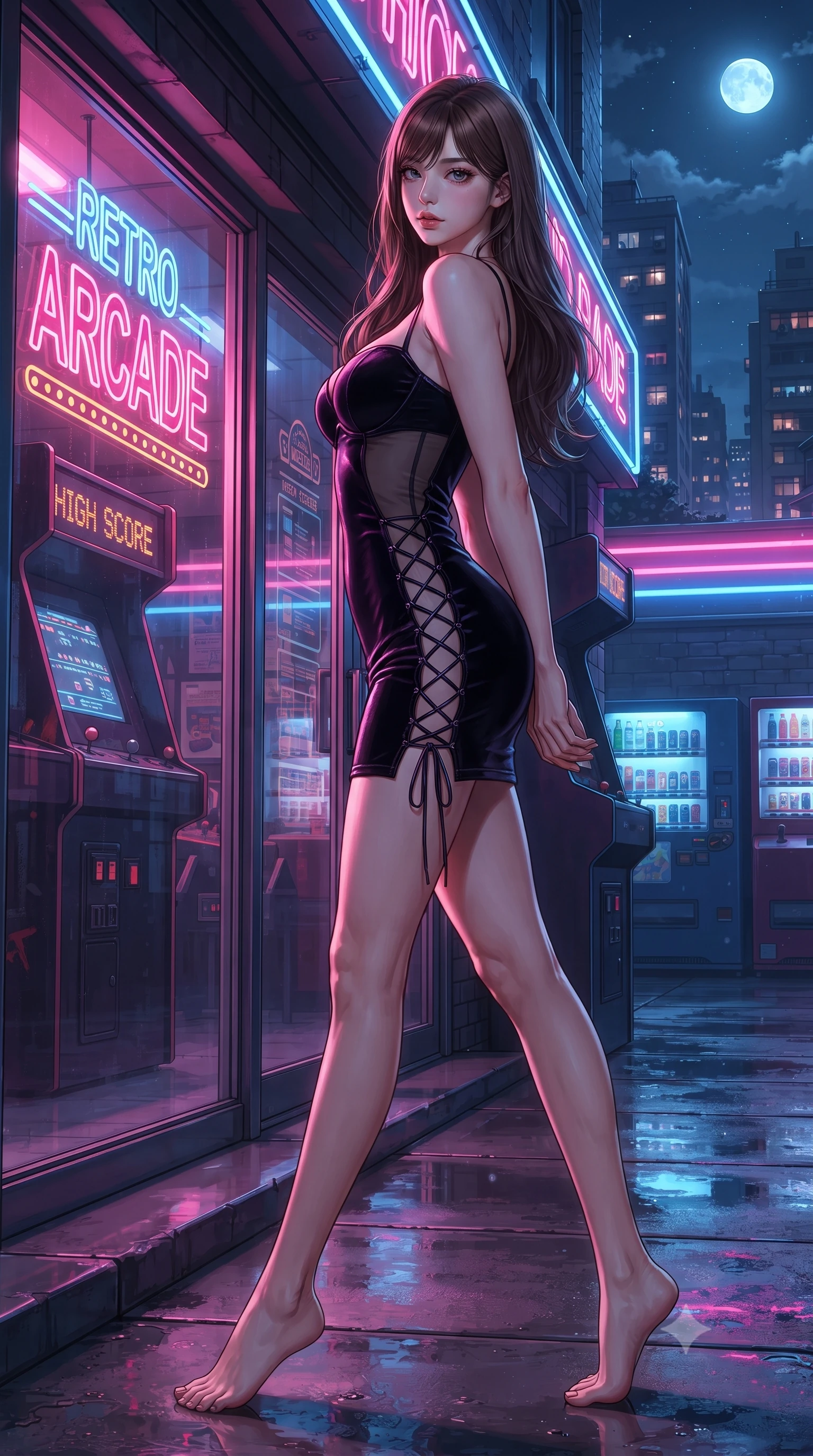 score_9, masterpiece, best quality, ultra-detailed, high-budget anime keyframe, editorial fashion photography, tasteful artistic composition, Korean woman. low angle full-body shot from head to toe showing her feet, filling the entire 9:16 vertical frame with her statuesque presence, stretching her vertical silhouette. walking along the moonlit terrace with poise, looking back over her bare shoulder with an irresistible smoldering bedroom-gaze while leaning against the glowing glass storefront of a retro arcade, arching her lower back to accentuate her curvy hips with playful seduction. The surrounding environment is rendered in vivid detail and crisp panoramic clarity: sharp wet pavement reflection clarity, vintage arcade marquee typography, and vending machine can slots in deep focus. She has an absolutely perfect, statuesque 8.5-heads proportion, an exceptionally tall and slender model-like female figure with impossibly long slender legs, an ultra-slim waist, a flat toned midriff, narrow delicate ribcage, and beautifully sculpted feminine hips creating a graceful, slim hourglass silhouette without any bulky heaviness. sharp v-shaped jawline, high-bridge nose, sparkling eyes with hypnotic seductive depth, thick curled eyelashes, glossy parted lips with a natural dewy peach sheen, alluring bedroom-eyes with an enchanting coquettish smile, exuding magnetic siren charisma and sophisticated glamour, flawlessly proportioned anatomical accuracy, strict slender model proportions, natural body alignment, perfectly sculpted long slender limbs, ultra-slim waistline, clean dynamic posture without body distortion. wearing a deep sweetheart-neckline velvet bodycon dress with sheer side-torso cutouts accentuating her hourglass curves in wet-look onyx black with electric fuchsia reflections, woven from buttery-soft stretch lambskin leather adhering to her body like a second skin, featuring fine criss-cross lace-up side ties revealing tantalizing glimpses of her hip curve, the glove-like clinging cut tightly following the natural contour of her hips and long slender legs with youthful 8.5-heads elegance. bathed in saturated neon pink and cobalt blue light spilling horizontally from arcade marquees. ultra-reflective glossy finish, specular highlights, rich textural contrasts, high-contrast stereoscopic depth, volumetric dynamic lighting, 2k, ultra detail, master piece, 9:16 ratio