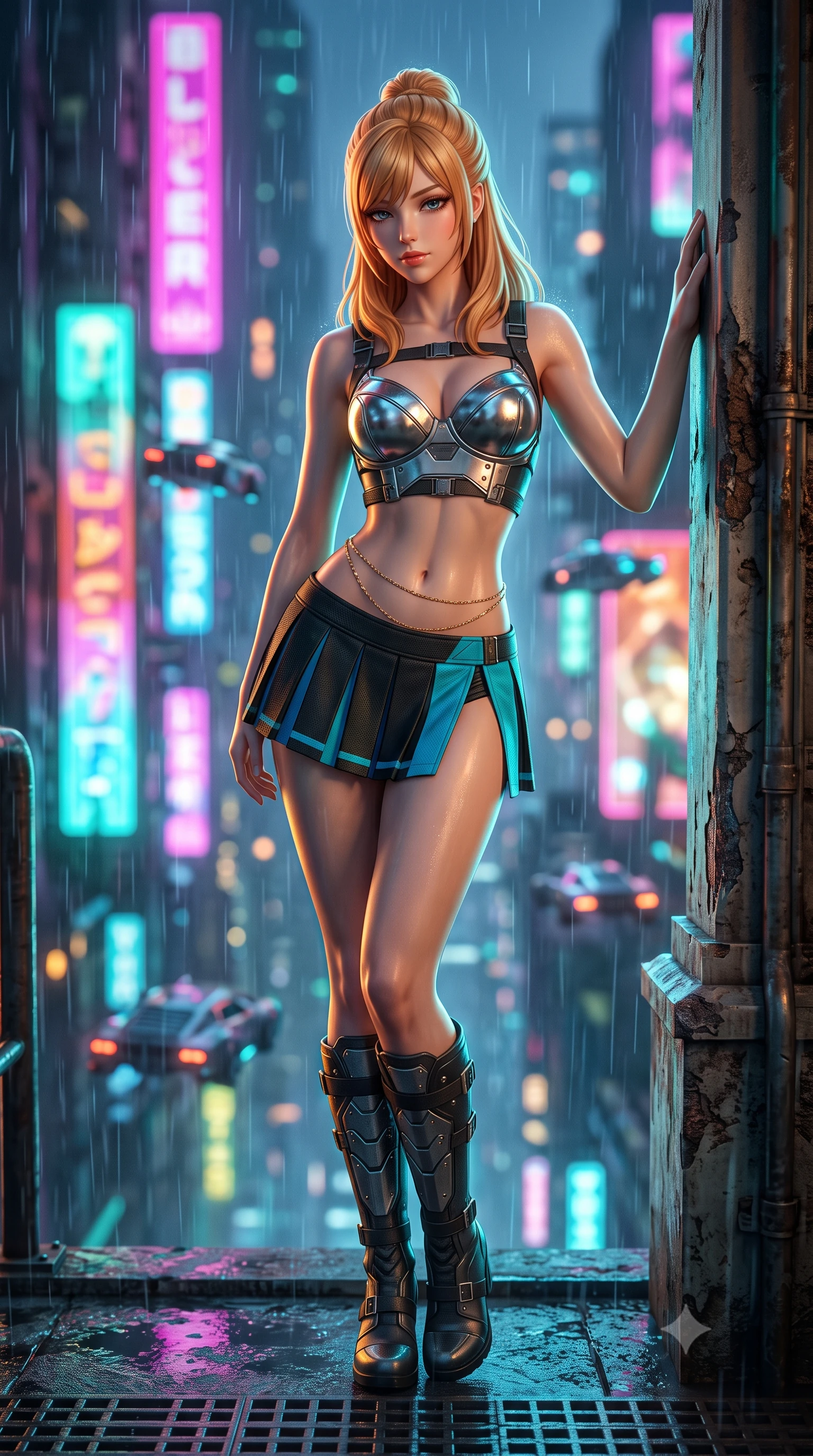 score_9, masterpiece, best quality, ultra-detailed, high-budget anime keyframe, semi-realistic 3D game render, editorial fashion photography, tasteful artistic composition, Caucasian woman. low angle full-body shot from head to toe showing her feet, filling the entire 9:16 vertical frame with her statuesque presence, stretching her vertical silhouette. standing tall beside the architectural column, one hand resting high while arching her lower back to emphasize her sculpted feminine hips and slender waist while leaning against the weathered industrial parapet with hips cocked back, gazing down into the dizzying mile-deep neon canyon through laser rain with smoldering bedroom-eyes. The background shows a soft-focus towering vertical holographic neon billboards, dripping rain curtains, and swarms of hovering tactical aerocars blurred into fuchsia, turquoise, and amber bokeh. She has an exceptionally tall and slender model-like 8.5-heads proportion, an ultra-slim waist, a flat toned midriff, narrow delicate ribcage, and beautifully sculpted feminine hips creating a graceful, slim hourglass silhouette without any bulky heaviness, with impossibly long slender legs. sharp v-shaped jawline, high-bridge nose, intricate jewel-like sparkling eyes with depth, thick eyelashes, glossy parted lips with a natural peach sheen, bright cheerful beaming smile with an enchanting and coquettish sensual glint, exuding both youthful cute charm and seductive allure, flawlessly proportioned anatomical accuracy, strict slender model proportions, natural body alignment, perfectly sculpted long slender limbs, ultra-slim waistline, clean dynamic posture without body distortion. wearing a chrome-plated tactical combat bustier top with reinforced underwire paired with a low-rise pleated micro combat skirt in tactical obsidian black and high-voltage cyan, crafted from bespoke double-faced cashmere with an exceptionally soft tactile finish, accented with a dainty gold belly chain resting across her flat midriff and curving hips, the high-slit wrap tailoring accentuating her ultra-slim waistline and the enchanting curve of her feminine hips with alluring seductive charm. illuminated by wet pavement reflection bounce and sharp laser-cyan rim lights defining her jawline, narrow waist, and curvy hips. highly saturated vibrant anime colors, detailed shading with soft gradients, rich glossy textures, high-contrast stereoscopic depth, volumetric dynamic lighting, master piece, 9:16 ratio