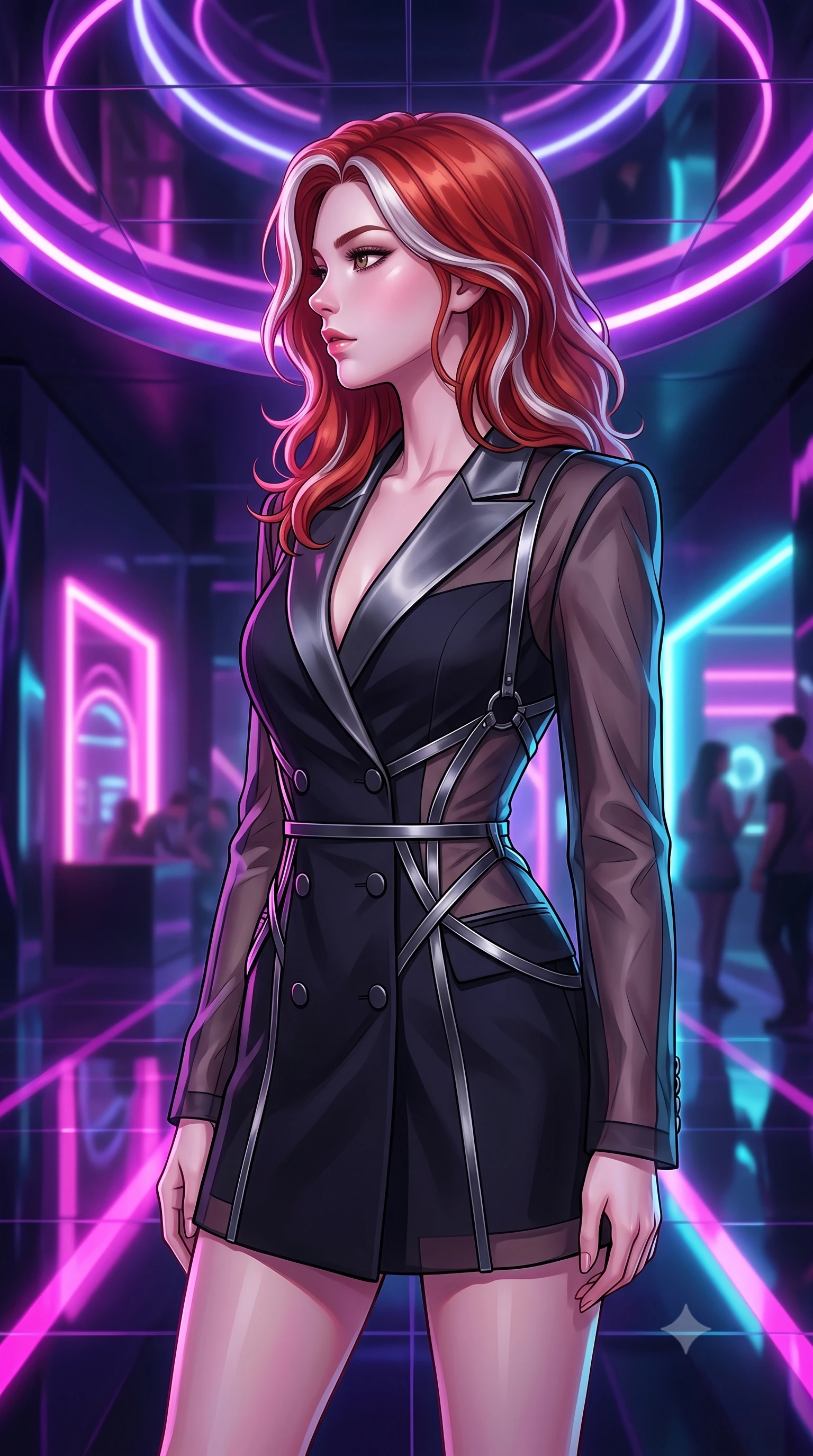 score_9, masterpiece, best quality, ultra-detailed, high-budget anime keyframe, editorial fashion photography, tasteful artistic composition, Caucasian woman. close-up cowboy shot from the waist and thighs up, the character dominates the composition, filling the frame with her large presence, background elements kept in soft focus. Turning her face in sharp dramatic profile against the key light, standing under a mirror ceiling reflecting glowing violet and magenta neon arcs, vibrant magenta and cyan neon rays casting geometric highlights on glossy vinyl. She has an exceptionally elegant, slender, and willowy female figure with an ultra-slim waist, a gracefully sculpted slender torso, and a refined silhouette. sharp v-shaped jawline, high-bridge nose, intricate jewel-like eyes with depth, thick eyelashes, glossy lips with a natural sheen. wearing tailored double-breasted obsidian blazer dress with silk lapels in metallic dark silver, made of sheer dark organza overlay, highlighted by a gunmetal metallic harness structure, following her slender form with tailored precision. surrounded by a moody neon glow with sharp edge highlights on dark vinyl. highly saturated vibrant anime colors, detailed shading with soft gradients, rich glossy textures, high-contrast stereoscopic depth, volumetric dynamic lighting, master piece, 9:16 ratio