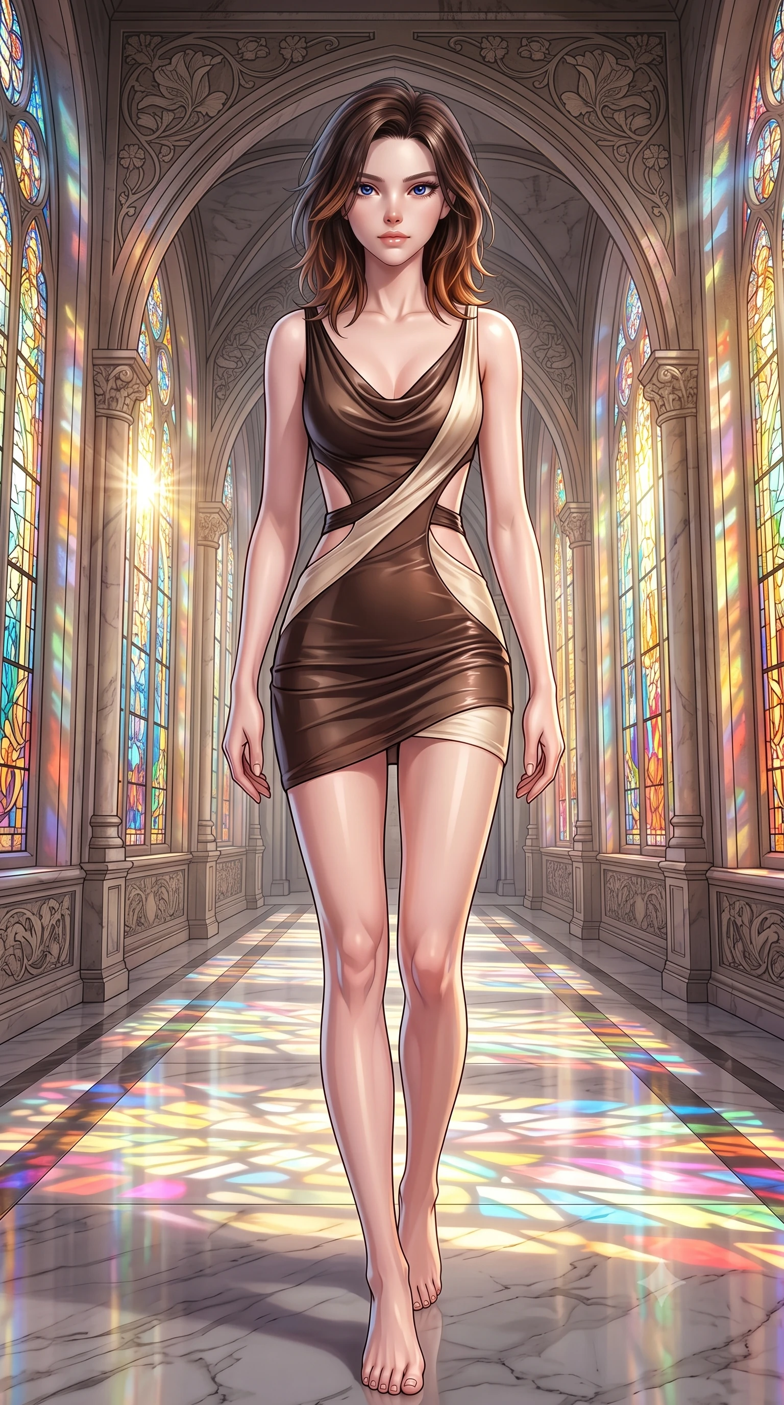 score_9, masterpiece, best quality, ultra-detailed, high-budget anime keyframe, editorial fashion photography, tasteful artistic composition, Korean woman. low angle full-body shot from head to toe showing her feet, filling the entire 9:16 vertical frame with her statuesque presence, stretching her vertical silhouette. stepping forward with proud posture, filling the vertical frame with her magnetic presence walking down a polished marble nave lined with tall stained glass arcades, intricate floral Art Nouveau motifs decorating the surrounding stone. She has an absolutely perfect, statuesque 8.5-heads proportion, an exceptionally tall and slender model-like female figure with impossibly long slender legs and an ultra-slim waist. sharp v-shaped jawline, high-bridge nose, intricate jewel-like eyes with depth, thick eyelashes, glossy lips with a natural sheen. wearing a precision-fitted liquid jersey bodycon dress with a draped back in espresso brown and warm cream, woven from fine semi-opaque sheer organza, featuring clean architectural cutouts along her slender torso, the glove-like fit emphasizing her statuesque silhouette. lit by bright sunbursts creating vivid, saturated color projections. highly saturated vibrant anime colors, detailed shading with soft gradients, rich glossy textures, high-contrast stereoscopic depth, volumetric dynamic lighting, master piece, 9:16 ratio