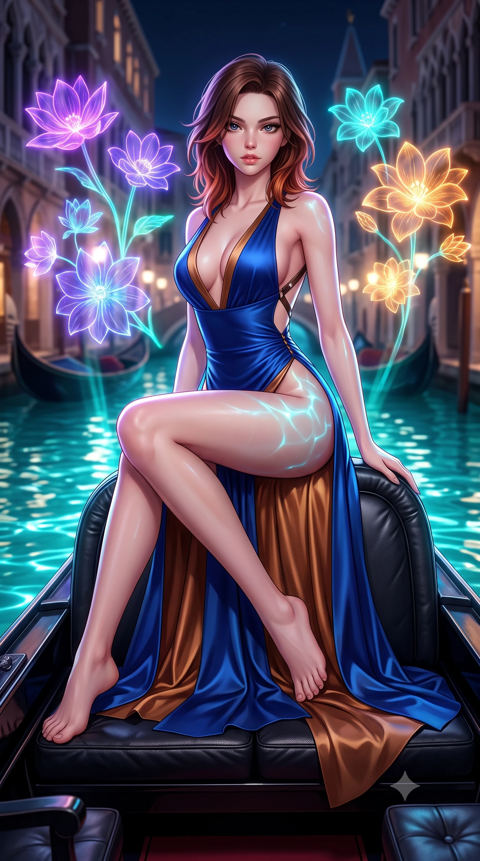 score_9, masterpiece, best quality, ultra-detailed, high-budget anime keyframe, semi-realistic 3D game render, editorial fashion photography, tasteful artistic composition, Korean woman. low angle full-body shot from head to toe showing her feet, filling the entire 9:16 vertical frame with her statuesque presence, stretching her vertical silhouette. sitting perched on the elevated edge with hips angled toward the camera and legs crossed, displaying her toned midriff and flawlessly sculpted slender limbs while reclining across a black leather gondola lounge with one knee drawn up, glowing turquoise canal waters tracing the sensual contour of her feminine hips and flat midriff. The composition keeps background elements in soft focus with creamy bokeh. illuminated gothic canal facades and glowing holographic floral projections blurred into electric violet, turquoise, and amber bokeh. She has an exceptionally tall and slender model-like 8.5-heads proportion, an ultra-slim waist, a flat toned midriff, narrow delicate ribcage, and beautifully sculpted feminine hips creating a graceful, slim hourglass silhouette without any bulky heaviness, with impossibly long slender legs. sharp v-shaped jawline, high-bridge nose, intricate jewel-like eyes with depth, thick eyelashes, glossy parted lips with a natural sheen, intensely captivating and seductive bedroom-eyes expression, flawlessly proportioned anatomical accuracy, strict slender model proportions, natural body alignment, perfectly sculpted long slender limbs, ultra-slim waistline, clean dynamic posture without body distortion. wearing a plunging-V neckline duchess satin gown with high side slits ascending to the high hip in royal sapphire blue and liquid bronze, tailored from water-resistant treated wool gabardine and flexible stretch silk, featuring an open-back criss-cross harness strap in dark leather, the form-contouring material adhering flawlessly to her sculpted flat midriff and slender torso, emphasizing her long leg lines and perfectly proportioned willowy build. illuminated by shimmering water surface specular reflections accentuating her sculpted midriff, narrow waist, and curvy hips. highly saturated vibrant anime colors, detailed shading with soft gradients, rich glossy textures, high-contrast stereoscopic depth, volumetric dynamic lighting, master piece, 9:16 ratio