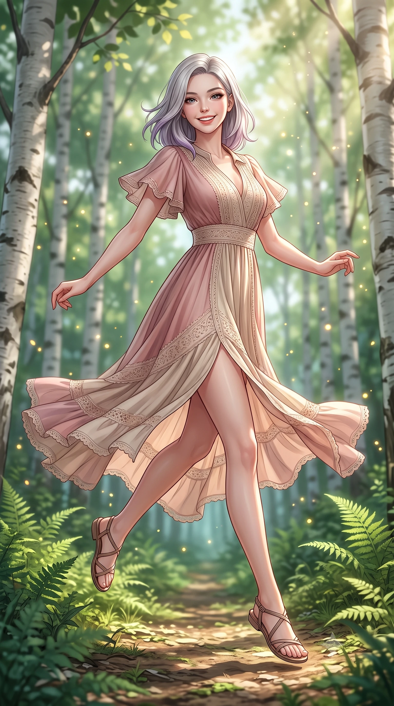 score_9, masterpiece, best quality, ultra-detailed, high-budget anime keyframe, semi-realistic 3D game render, editorial fashion photography, tasteful artistic composition, Caucasian woman. low angle full-body shot from head to toe showing her feet, filling the entire 9:16 vertical frame with her statuesque presence, stretching her vertical silhouette. leaping with lighthearted youthful energy across the natural path with a dazzling bright smile and balanced athletic poise while strolling happily along a sun-dappled forest path surrounded by slender white birch trunks and lush emerald ferns. The composition keeps background elements in soft focus with creamy bokeh. dappled sunbeams filtering through tree leaves scattering celestial golden light motes. She has an absolutely perfect, statuesque 8.5-heads proportion, an exceptionally tall and slender model-like female figure with impossibly long slender legs, a toned flat midriff, and an ultra-slim waist. sharp v-shaped jawline, high-bridge nose, intricate jewel-like eyes with depth, thick eyelashes, glossy lips with a natural sheen, pure and lovely fresh girlhood expression, flawlessly proportioned anatomical accuracy, strict slender model proportions, natural body alignment, perfectly sculpted long slender limbs, ultra-slim waistline, clean dynamic posture without body distortion. wearing a flowy silk-chiffon maxi dress with a gentle side slit and fluttering hemline in soft dusty rose and oatmeal beige, woven with delicate eyelet lace and breathable cotton voile, featuring elegant flutter sleeves and a graceful open collar, the tailored casual silhouette highlighting her fresh and youthful presence and perfectly proportioned slender frame. surrounded by a pure, healing, and magically enchanting forest fairy maiden aura. highly saturated vibrant anime colors, detailed shading with soft gradients, rich glossy textures, high-contrast stereoscopic depth, volumetric dynamic lighting, master piece, 9:16 ratio