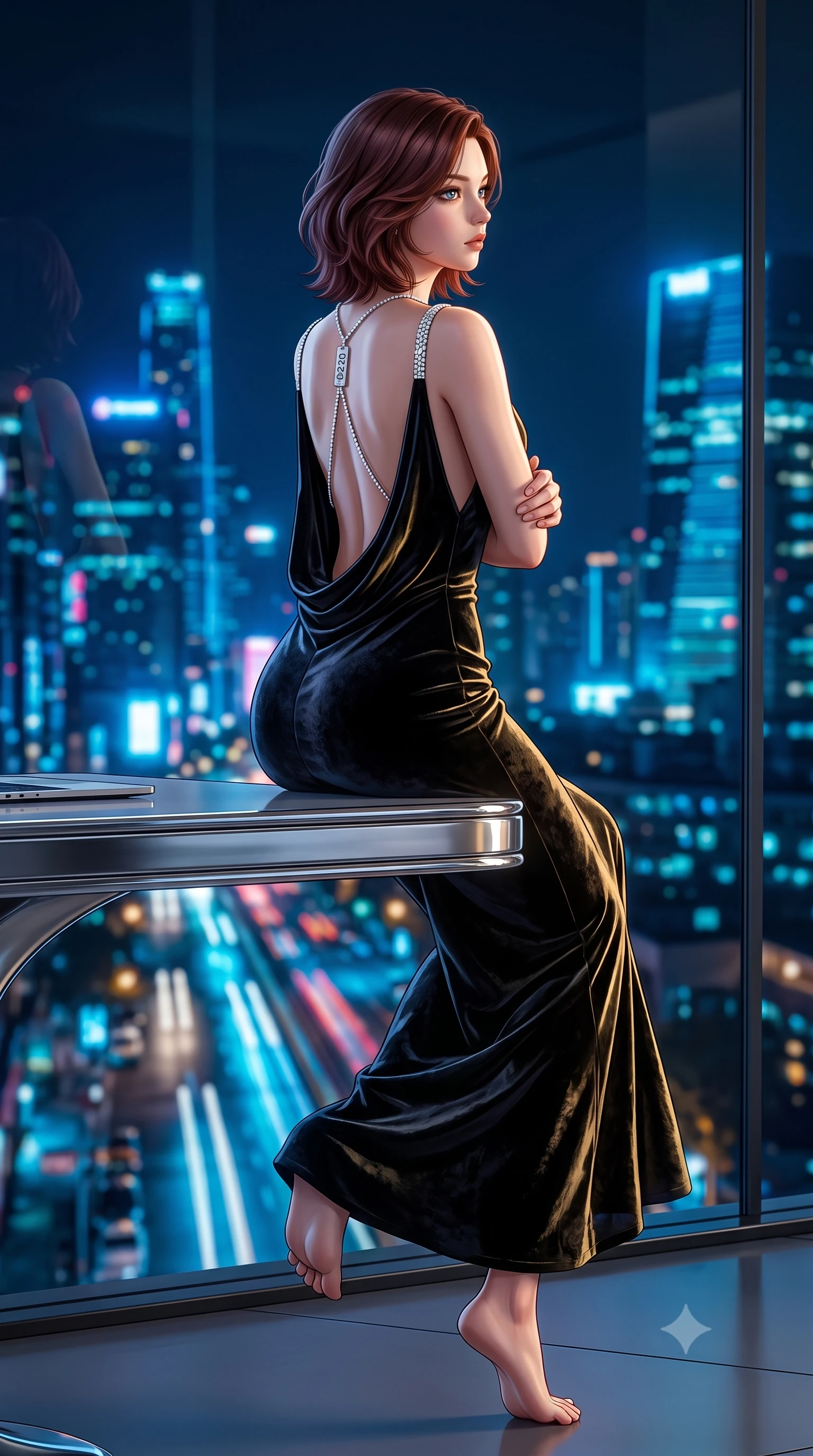 score_9, masterpiece, best quality, ultra-detailed, high-budget anime keyframe, semi-realistic 3D game render, editorial fashion photography, tasteful artistic composition, Korean woman. low angle full-body shot from head to toe showing her feet, filling the entire 9:16 vertical frame with her statuesque presence, stretching her vertical silhouette. executing an elegant mid-motion spin with effortless grace, her garments fluttering softly around her ultra-slim waistline while sitting on the edge of a floating chrome desk with arms folded loosely, gazing through the one-way panoramic glass into the night. The composition keeps background elements in soft focus with creamy bokeh. dizzying vertical cityscape traffic light trails and neon skyscrapers far below blurred into sapphire, cyan, and gold bokeh. She has an absolutely perfect, statuesque 8.5-heads proportion, an exceptionally tall and slender model-like female figure with impossibly long slender legs, a toned flat midriff, and an ultra-slim waist. sharp v-shaped jawline, high-bridge nose, intricate jewel-like eyes with depth, thick eyelashes, glossy lips with a natural sheen, captivating and magnetic expression, flawlessly proportioned anatomical accuracy, strict slender model proportions, natural body alignment, perfectly sculpted long slender limbs, ultra-slim waistline, clean dynamic posture without body distortion. wearing an opulent backless black velvet evening gown with a plunging cowl back and diamond-encrusted shoulder straps in midnight black and liquid gold, crafted from heavyweight crushed silk velvet with liquid luster, accented with a glittering diamond back chain tracing her bare spine edition #20, the liquid-tight tailored fabric emphasizing every curve of her tall, slender model proportions and sculptured silhouette during dynamic movement. illuminated by crisp directional key light defining her razor-sharp jawline, eyes, and slender curves. highly saturated vibrant anime colors, detailed shading with soft gradients, rich glossy textures, high-contrast stereoscopic depth, volumetric dynamic lighting, master piece, 9:16 ratio