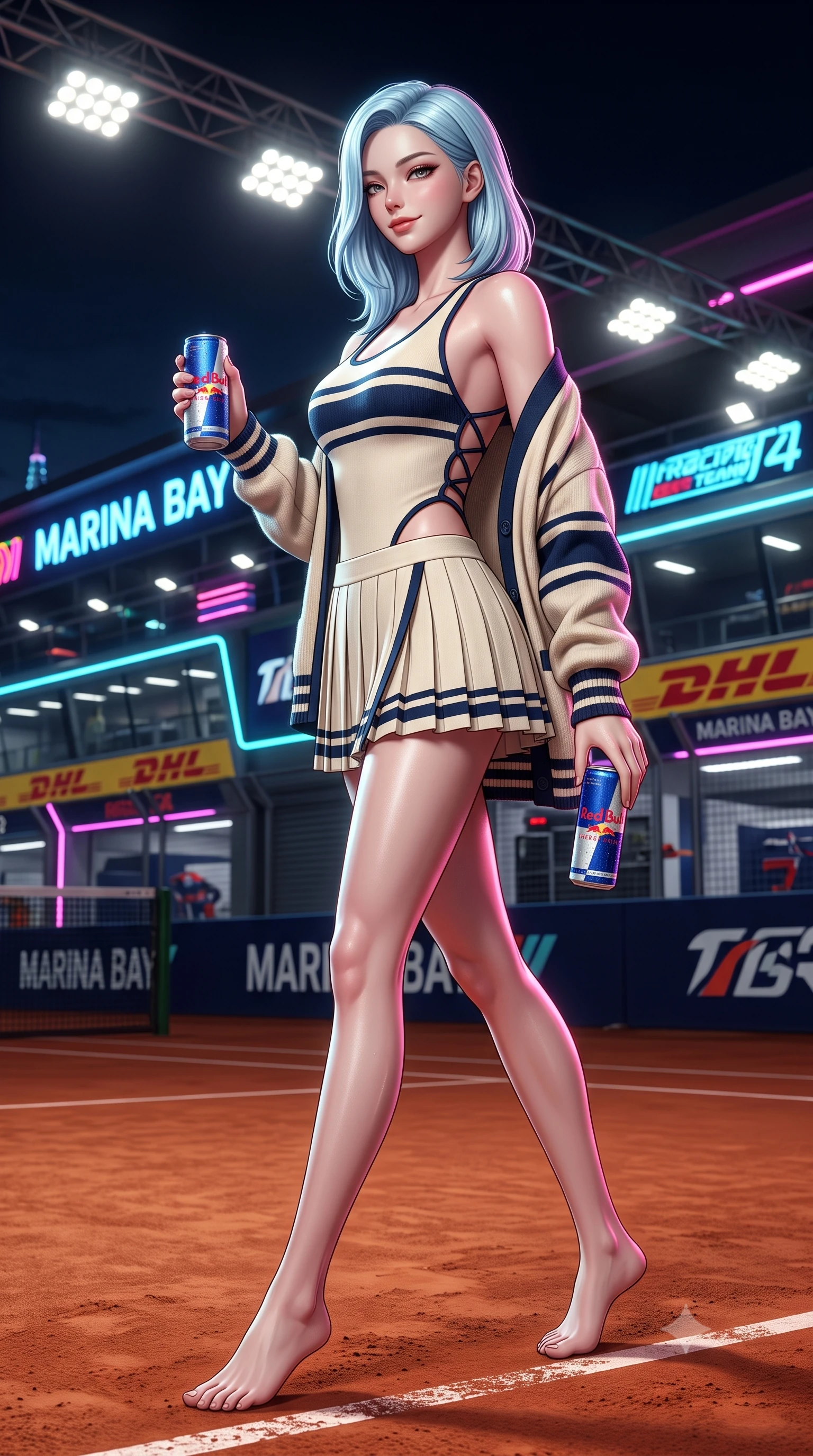 score_9, masterpiece, best quality, ultra-detailed, high-budget anime keyframe, semi-realistic 3D game render, editorial fashion photography, tasteful artistic composition, Korean woman. low angle full-body shot from head to toe showing her feet, filling the entire 9:16 vertical frame with her statuesque presence, stretching her vertical silhouette. walking slowly along the clay court baseline, looking back over her shoulder with an air of effortless grace and an alluring, smoldering smile while lounging in the private air-conditioned paddock suite with legs crossed, holding a chilled energy drink while flashing a dangerous, playful half-smile. The surrounding environment is rendered in vivid detail and crisp panoramic clarity: detailed racing leather sheen, floodlight specular highlights on skin, and Marina Bay night-circuit architecture in high resolution. She has an absolutely perfect, statuesque 8.5-heads proportion, an exceptionally tall and slender model-like female figure with impossibly long slender legs, an ultra-slim waist, a flat toned midriff, narrow delicate ribcage, and beautifully sculpted feminine hips creating a graceful, slim hourglass silhouette without any bulky heaviness. sharp v-shaped jawline, high-bridge nose, sparkling eyes with athletic focus and depth, thick curled eyelashes, glossy parted lips with a natural coral-peach sheen, bright confident and coquettish smile with alluring bedroom-eyes, exuding both youthful sporty vigor and sovereign high-society glamour, flawlessly proportioned anatomical accuracy, strict slender model proportions, natural body alignment, perfectly sculpted long slender limbs, ultra-slim waistline, clean dynamic posture without body distortion. wearing a backless lace-up racing leotard with side hip cutouts and a pleated wrap skirt framing her hourglass curves in retro tennis cream and navy blue stripes, tailored from ultra-soft fine cashmere yarn with an airy athletic drape, complemented by an oversized cashmere knit cardigan slipping off one bare shoulder, the liquid-tight tailored fabric clinging flawlessly to her narrow waist and rounded feminine hips, emphasizing every millimeter of her sculpted slim hourglass curves without any bulky heaviness. bathed in intense, high-contrast track floodlight white and pit-box neon accents. highly saturated vibrant anime colors, detailed shading with soft gradients, rich glossy textures, high-contrast stereoscopic depth, volumetric dynamic lighting, master piece, 9:16 ratio