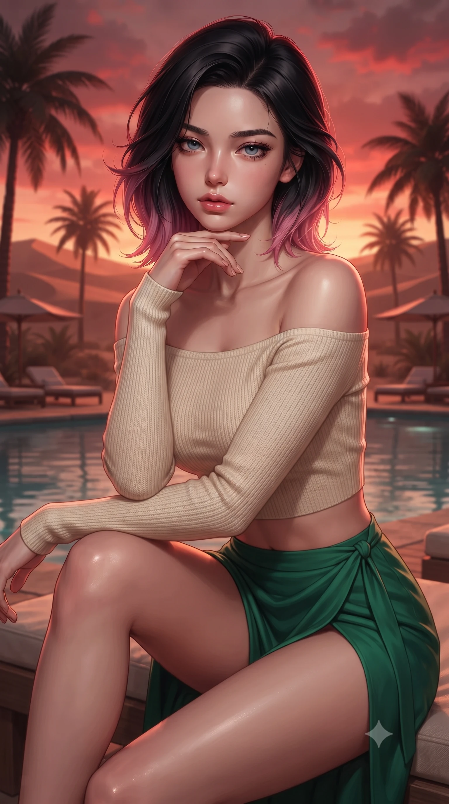 score_9, masterpiece, best quality, ultra-detailed, high-budget anime keyframe, editorial fashion photography, tasteful artistic composition, Korean woman woman. close-up cowboy shot from the waist and thighs up, the character dominates the composition, filling the frame with her large presence, background elements kept in soft focus. resting her chin on the backs of her fingers, casting a heavy-lidded, sultry look past the camera the background shows a soft-focus a pool deck of a resort in a desert oasis, surrounded by palm trees and sand dunes. She has an exceptionally elegant, slender, and willowy female figure with an ultra-slim waist, a gracefully sculpted slender torso, and a refined silhouette. sharp v-shaped jawline, high-bridge nose, intricate jewel-like eyes with depth, thick eyelashes, glossy lips with a natural sheen. wearing a form-contouring cropped off-shoulder knit top in cream paired with a high-slit wrap skirt in emerald green. the warm red and orange sunset sky casting a dramatic glow over the sands. ultra-reflective glossy finish, specular highlights, metallic sheen, high-contrast stereoscopic depth, volumetric dynamic lighting, 2k, ultra detail, master piece, 9:16 ratio