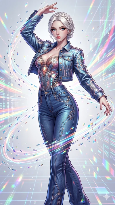 score_9, masterpiece, best quality, ultra-detailed, Set C: High-budget Anime Keyframe, Korean woman. Low angle cowboy shot filling the entire 9:16 frame with her statuesque presence. Dancing with floating data-shards in a minimalist digital void fill