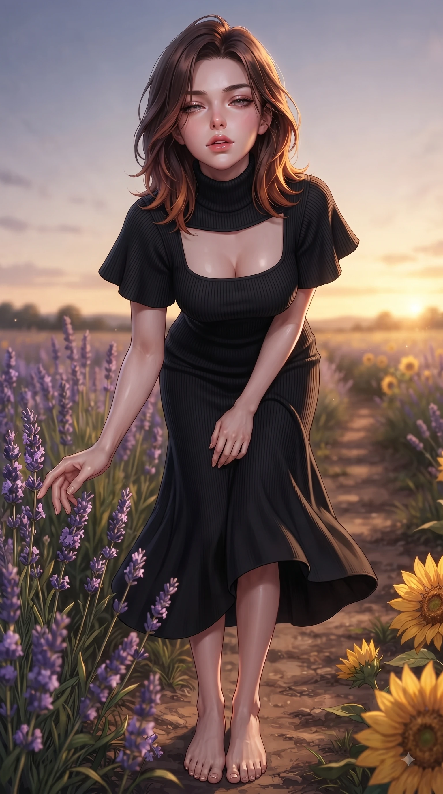 score_9, masterpiece, best quality, ultra-detailed, high-budget anime keyframe, editorial fashion photography, tasteful artistic composition, Korean woman. low angle full-body shot from head to toe showing her feet, filling the entire 9:16 vertical frame with her statuesque presence, stretching her vertical silhouette. Sensual alluring expression with smoldering intensity, half-closed bedroom eyes, and softly parted glossy lips while reaching out softly to touch flowering lavender stalks while looking into the camera lens. The surrounding environment is rendered in vivid detail and crisp panoramic clarity. detailed lavender blossom spikes, golden sunflower petals, and rustic pathway dirt in crisp resolution. She has an absolutely perfect, statuesque 8.5-heads proportion, an exceptionally tall and slender model-like female figure with impossibly long slender legs and an ultra-slim waist. sharp v-shaped jawline, high-bridge nose, intricate jewel-like eyes with depth, thick eyelashes, glossy lips with a natural sheen, flawlessly proportioned anatomical accuracy, natural body alignment, perfectly sculpted elegant limbs, clean dynamic posture without body distortion. wearing a chic black ribbed turtleneck knit dress accentuating her slender waist in bright lime green and sleek jet black, tailored from crisp high-density cotton poplin, featuring elegant flutter sleeves and a graceful square neckline, the fluid drape swaying gracefully with her dynamic editorial movement. bathed in ethereal twilight glow and warm golden sunset horizon light. ultra-reflective glossy finish, specular highlights, metallic sheen, high-contrast stereoscopic depth, volumetric dynamic lighting, 2k, ultra detail, master piece, 9:16 ratio